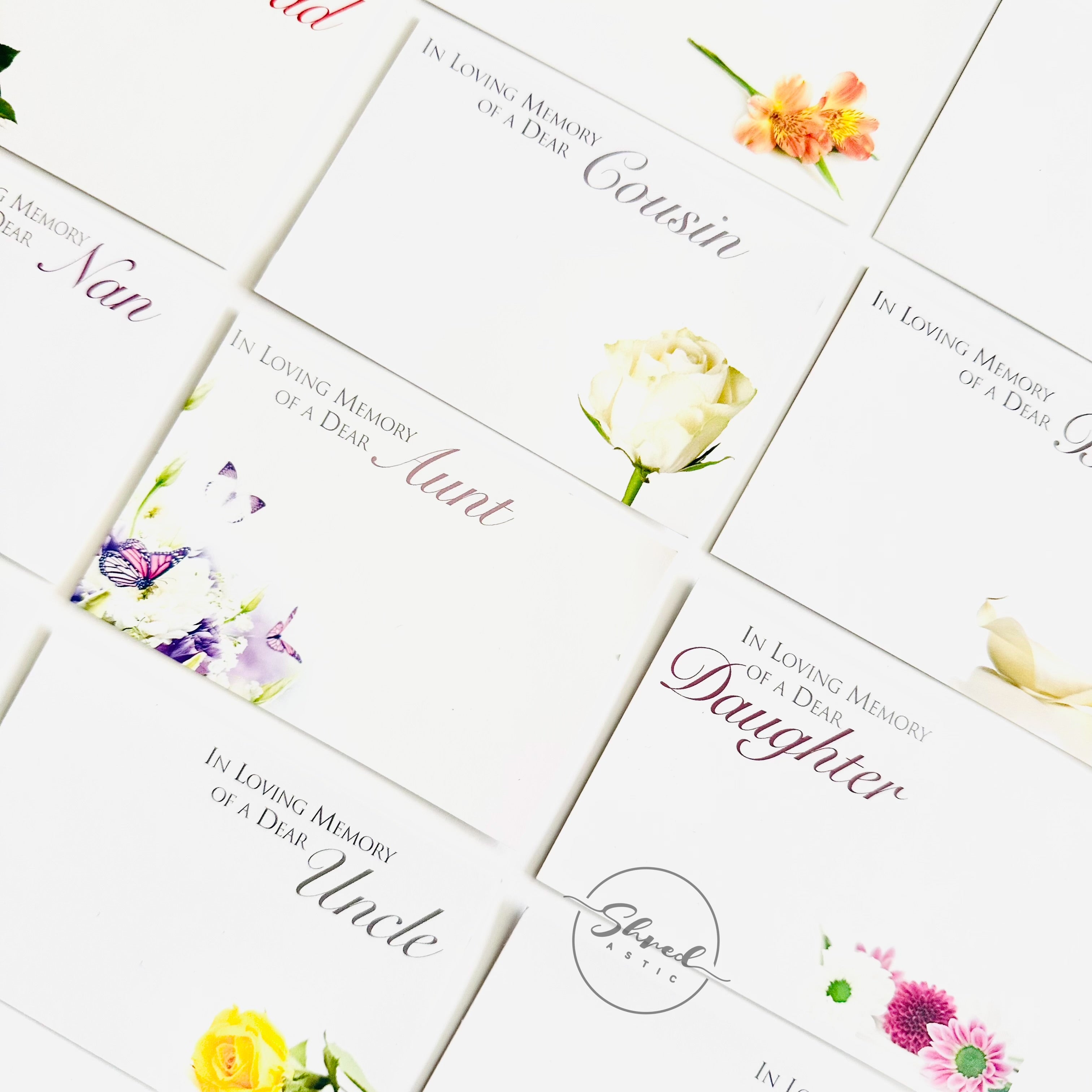 12 Assorted pack Funeral Floristry Cards small 6 x 9cm with clear cello envelopes