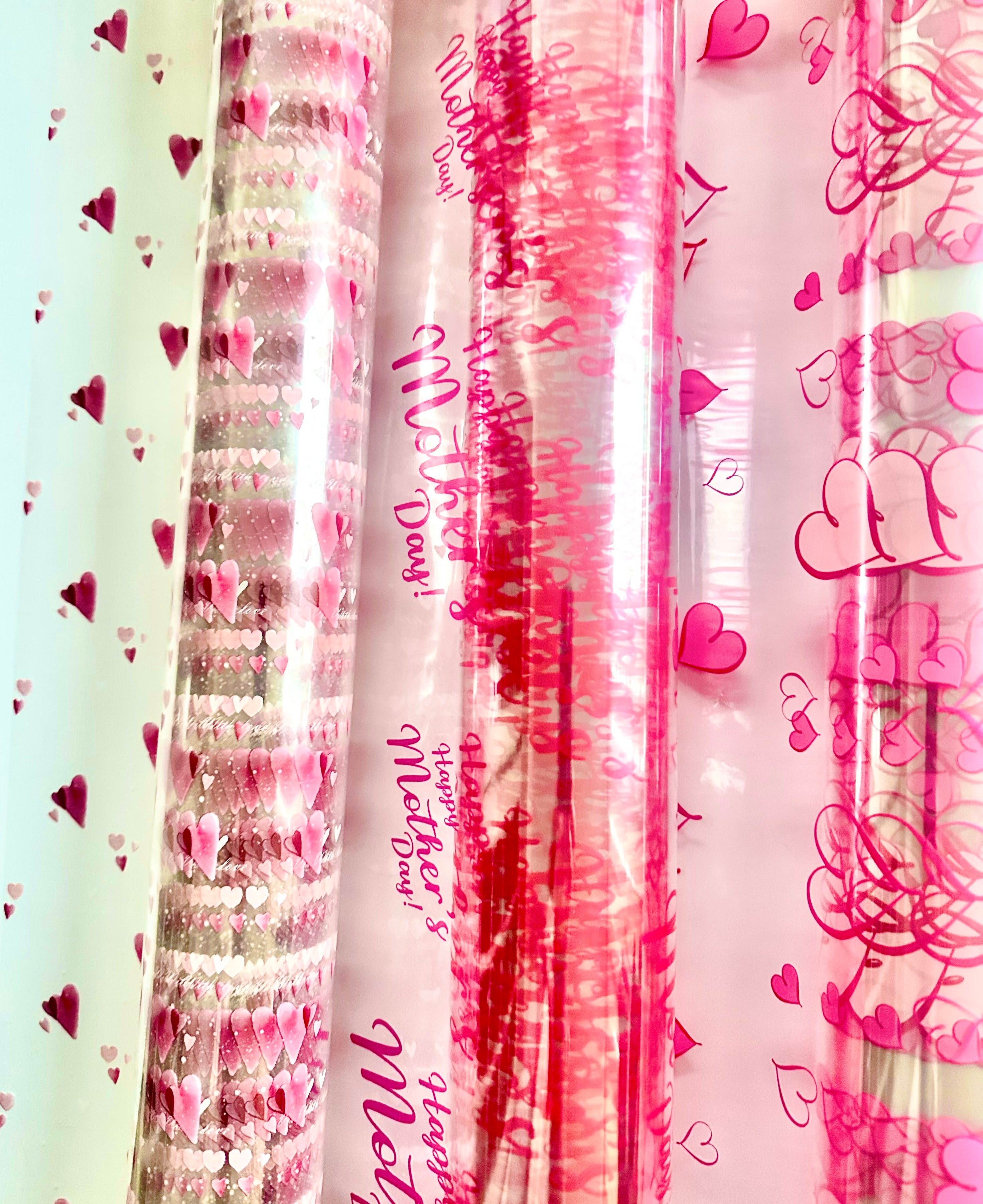 Pink ROSE Mothers Day Cellophane Wrap Hampers / 3 metres curling ribbon