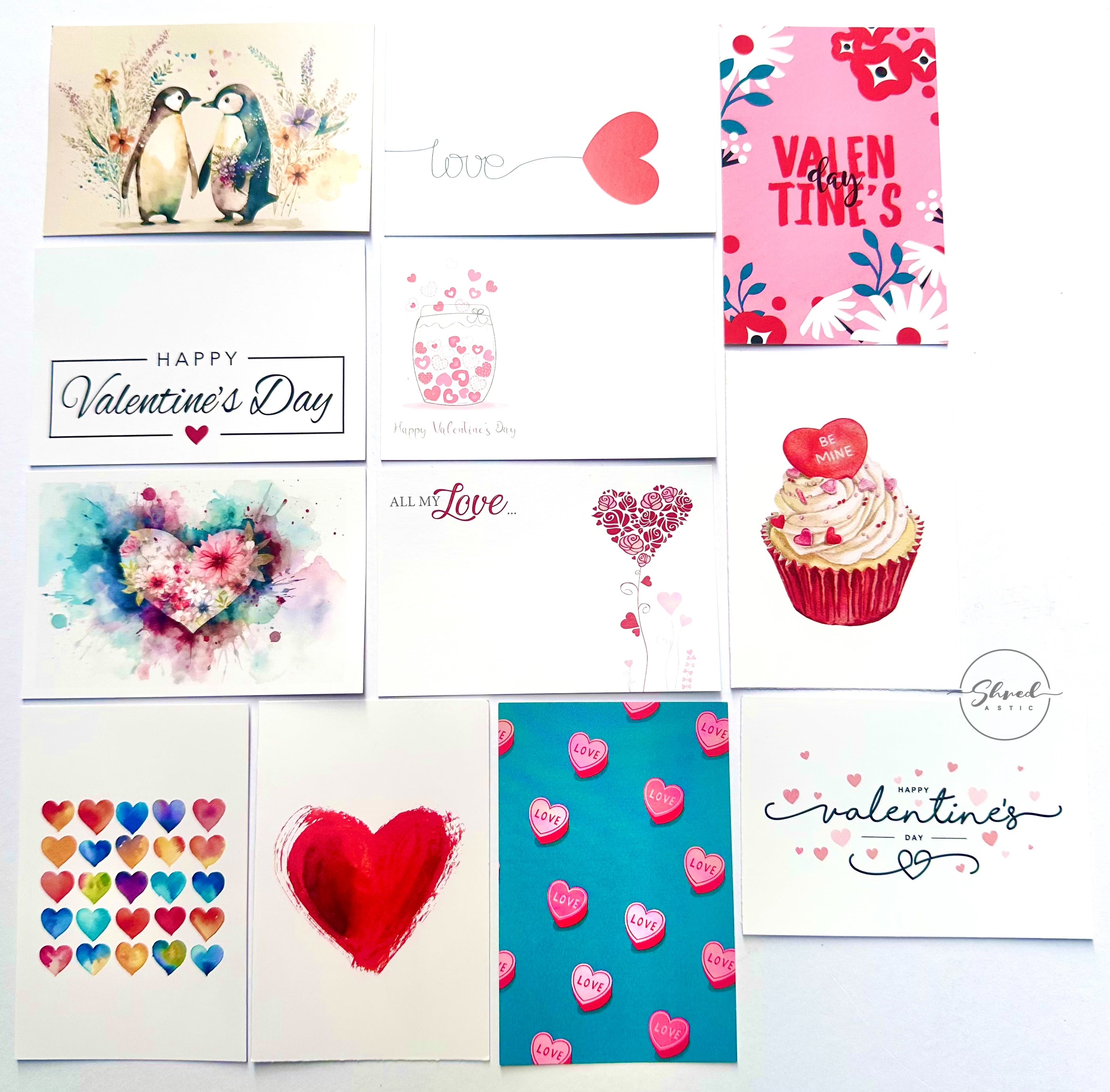 ShredAstic®️ VALENTINE Love  (Pack of 12 assorted) Florist Message Cards small 6 x 9cm