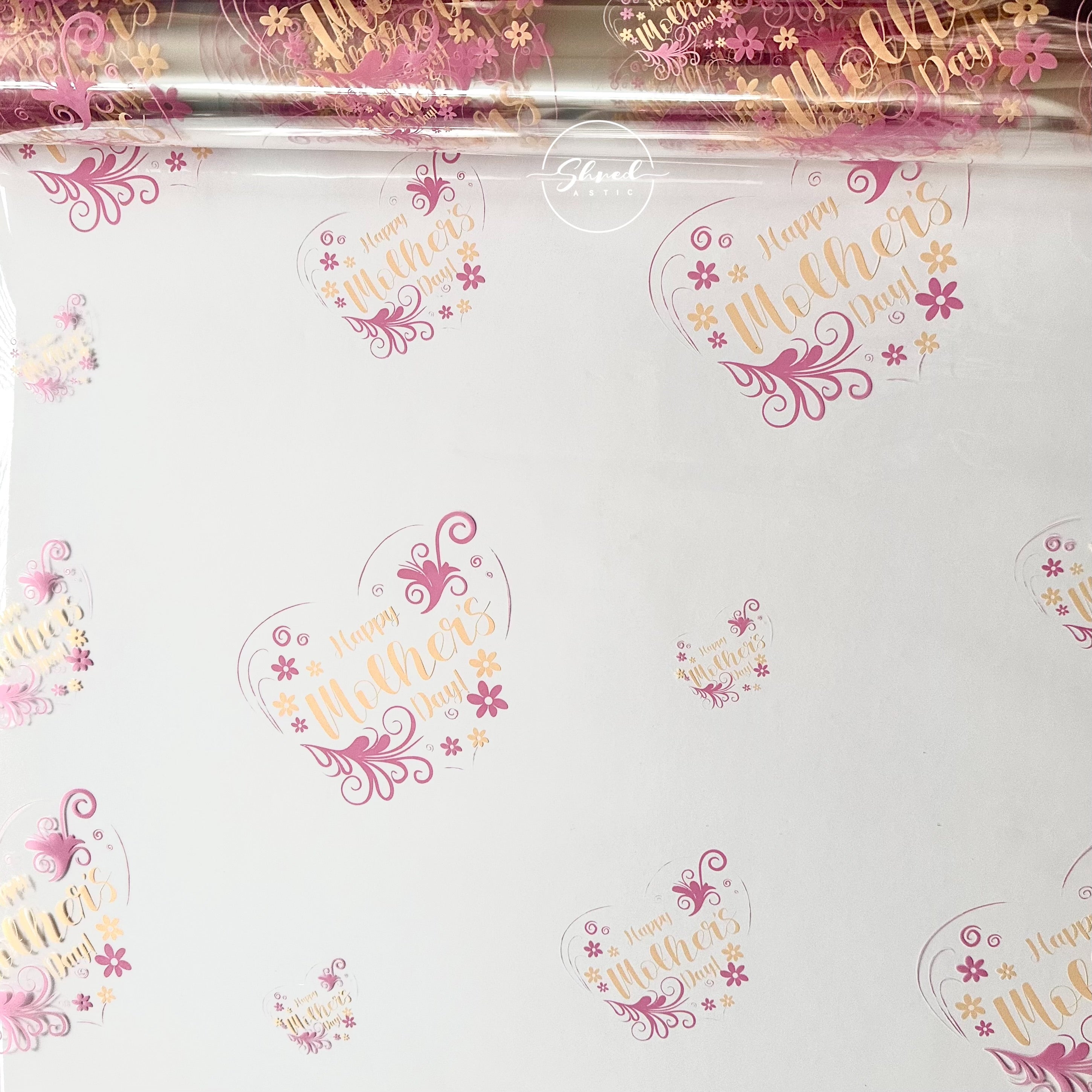 Mothers Day pink cream design on clear Cellophane Wrap Hampers / pink pull bow