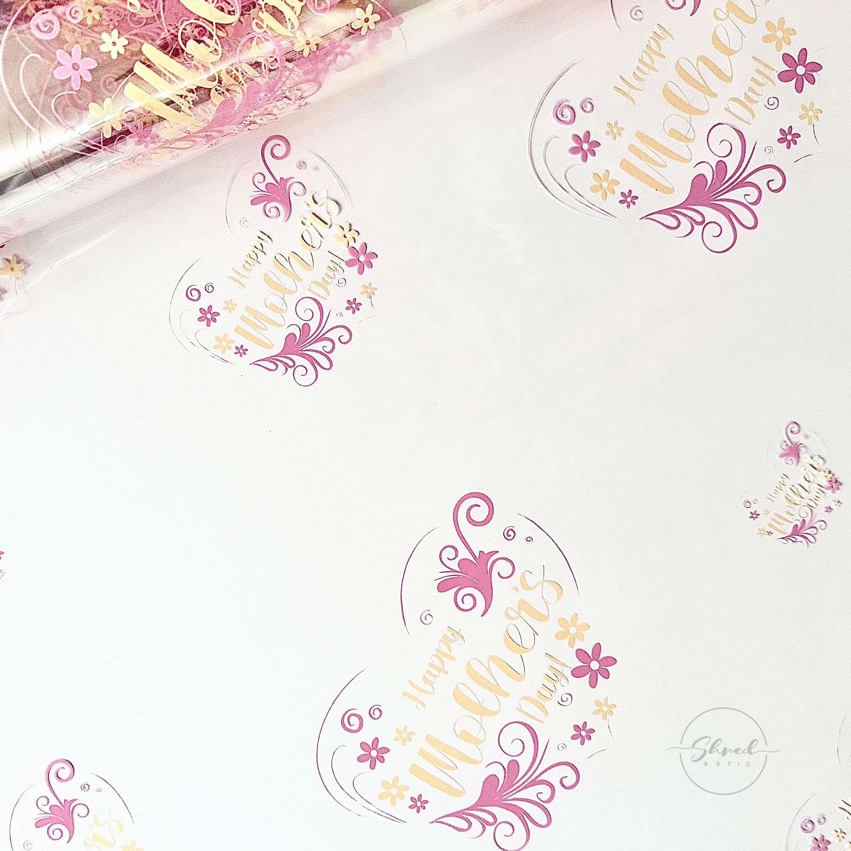 Mothers Day pink cream design on clear Cellophane Wrap Hampers / pink pull bow