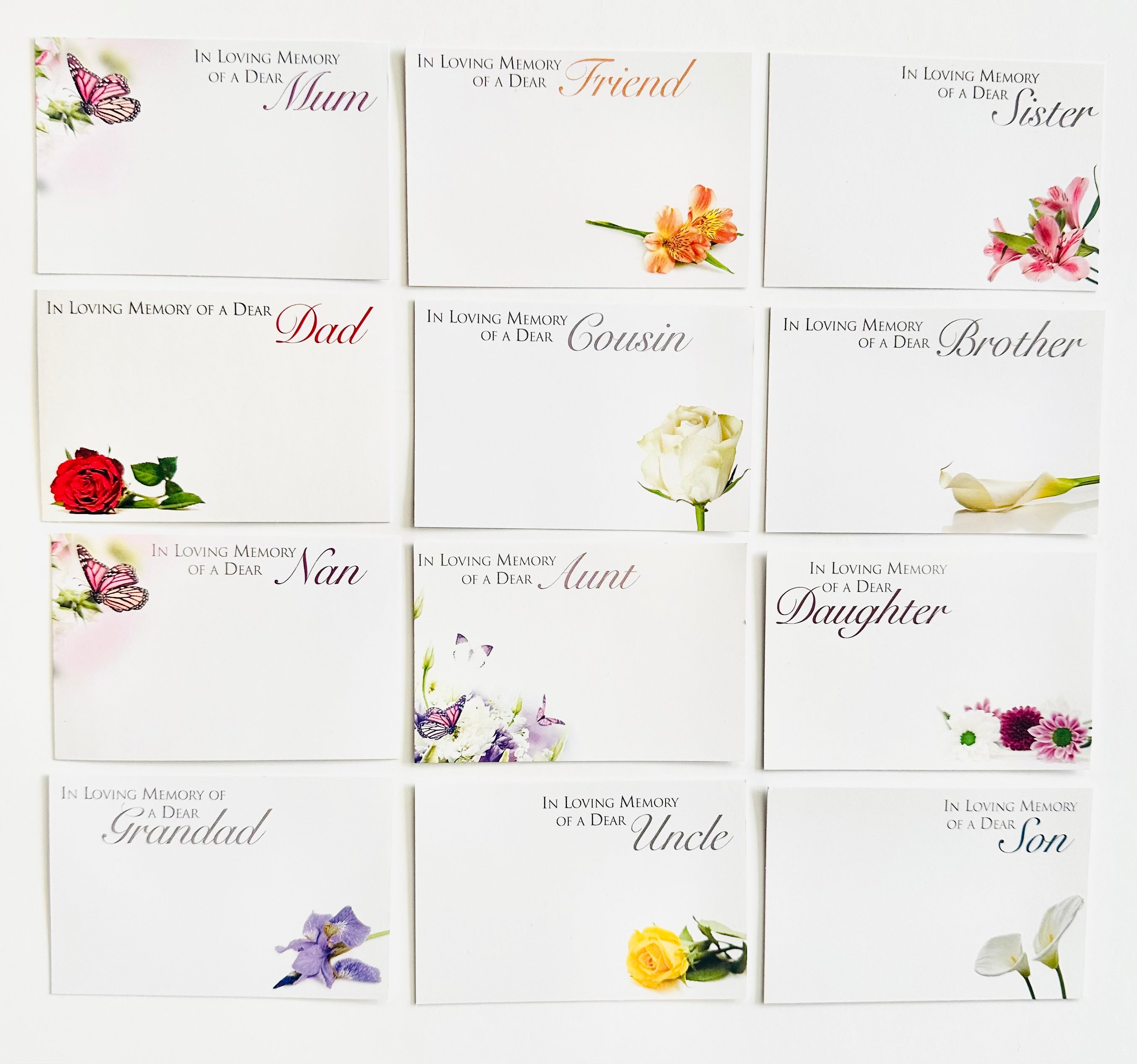 12 Assorted pack Funeral Floristry Cards small 6 x 9cm with clear cello envelopes