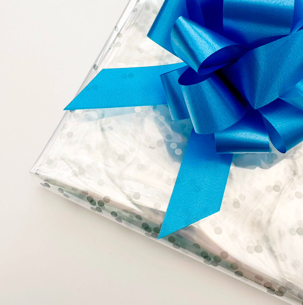 Silver Dot Cellophane & Royal Blue Pull Bow