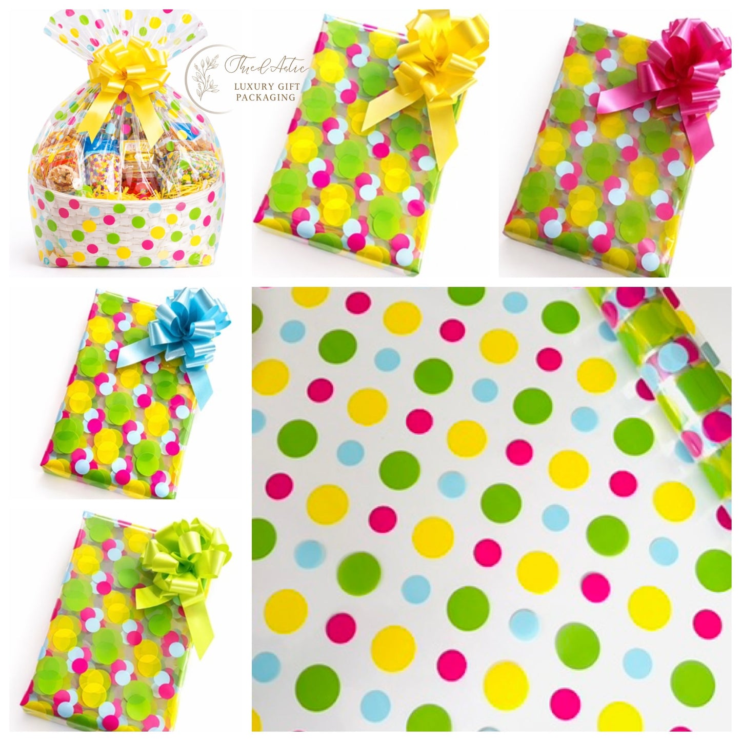 Coloured Dot Cellophane & Blue Pull Bow
