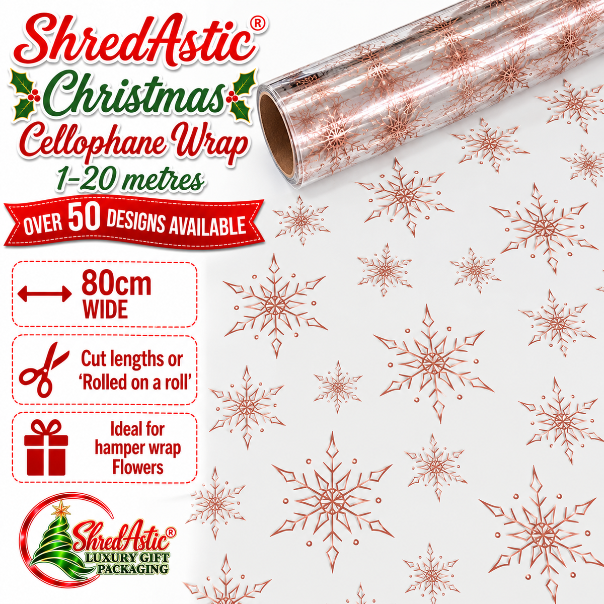 CHRISTMAS ROSE GOLD Snowflake Florist Cellophane Film Wrap Hampers Gift Packaging