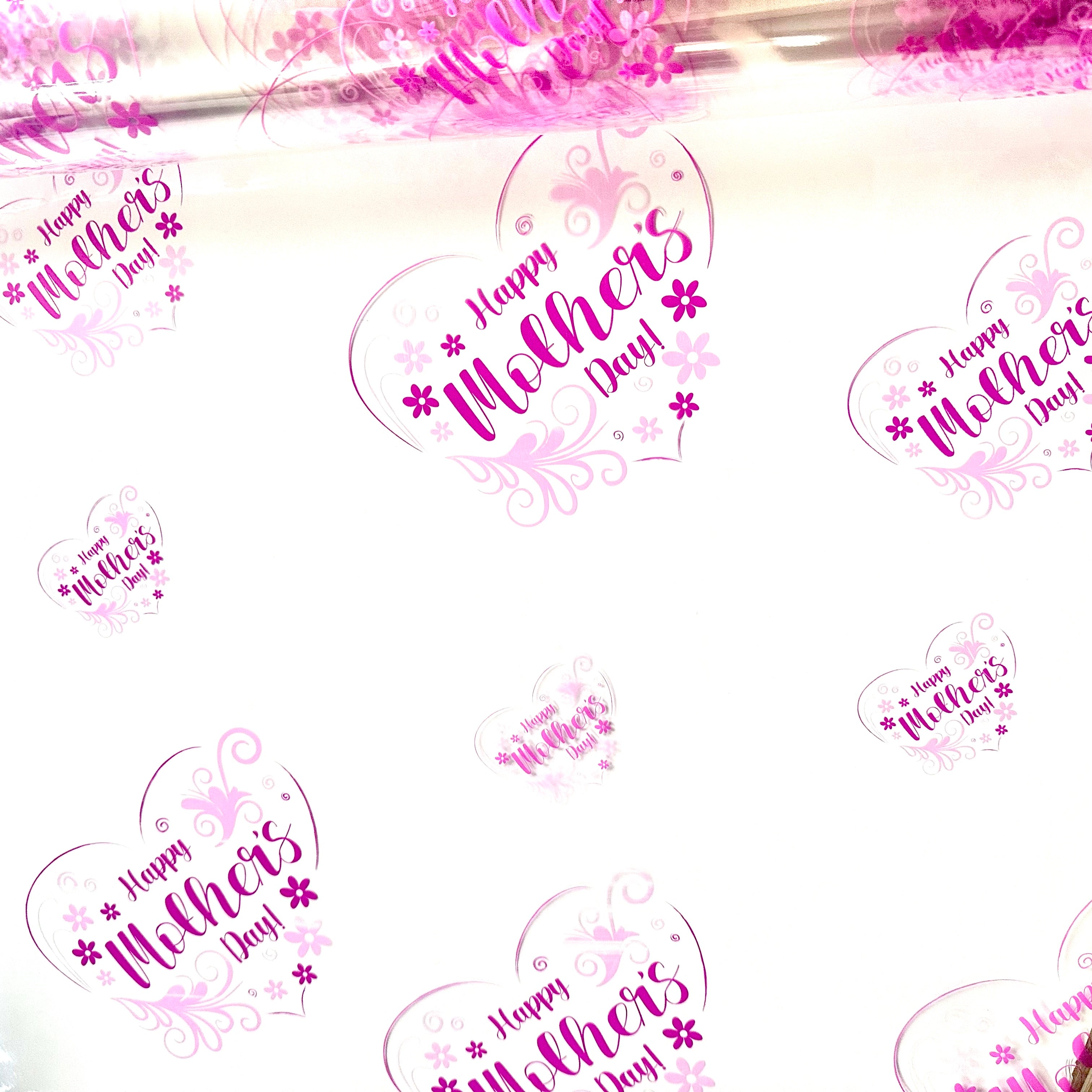 Happy Mothers Day purple / lilac heart on clear Cellophane Wrap Hampers / 3 metres curling ribbon
