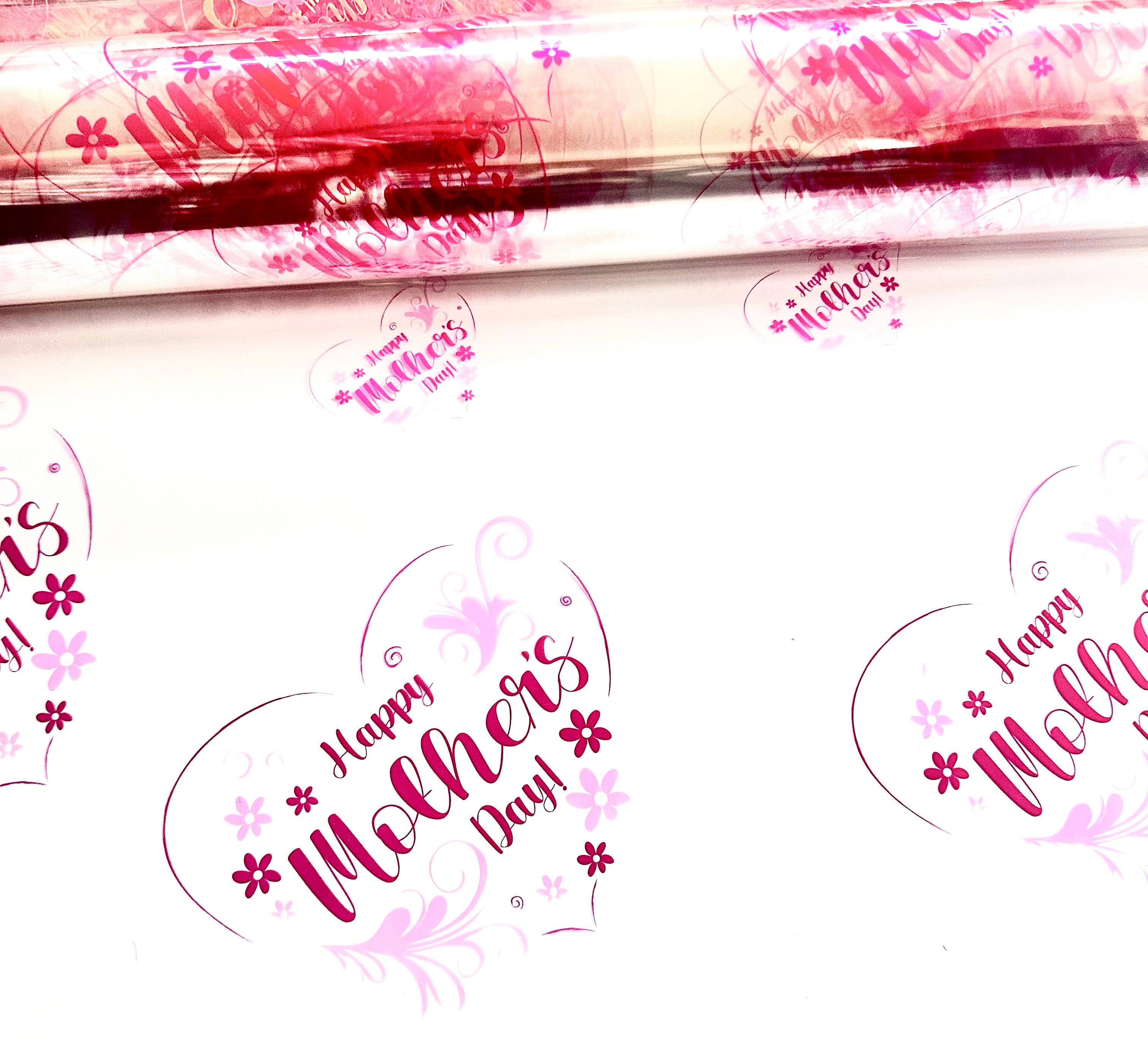 Happy Mothers Day cerise pink  on clear Cellophane Wrap Hampers / 3 metres curling ribbon