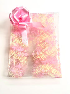 Mothers Day pink cream design on clear Cellophane Wrap Hampers / pink pull bow