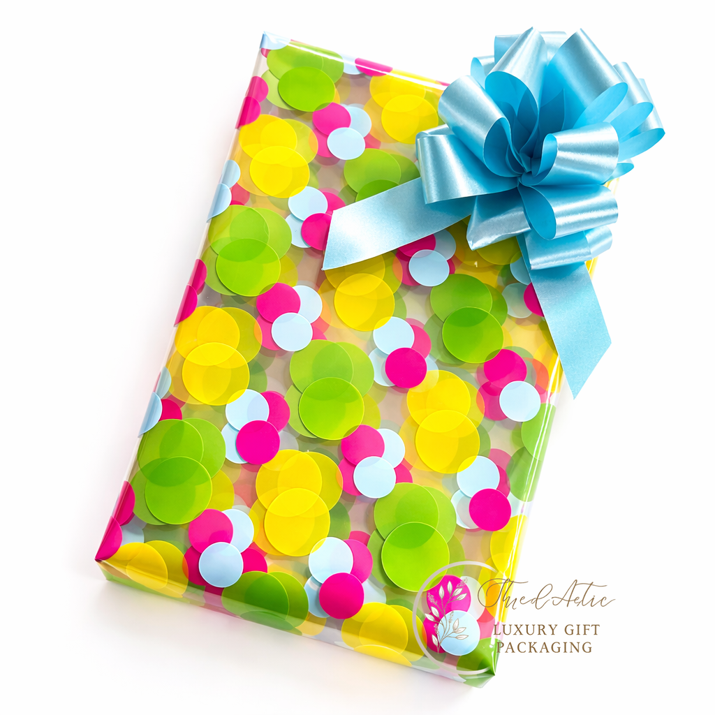 Coloured Dot Cellophane & Blue Pull Bow