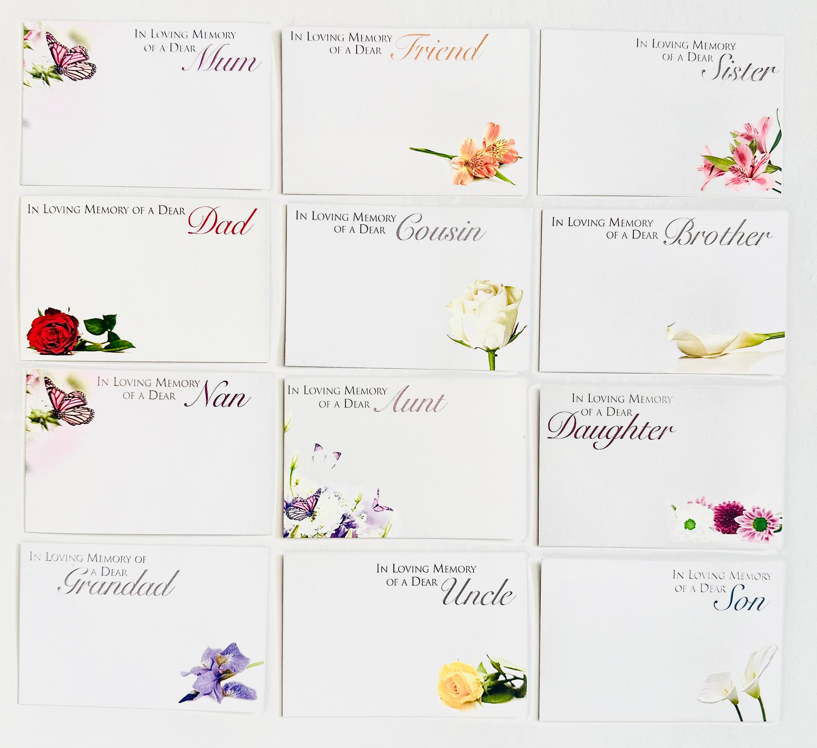 12 Assorted pack Funeral Floristry Cards small 6 x 9cm with clear cello envelopes