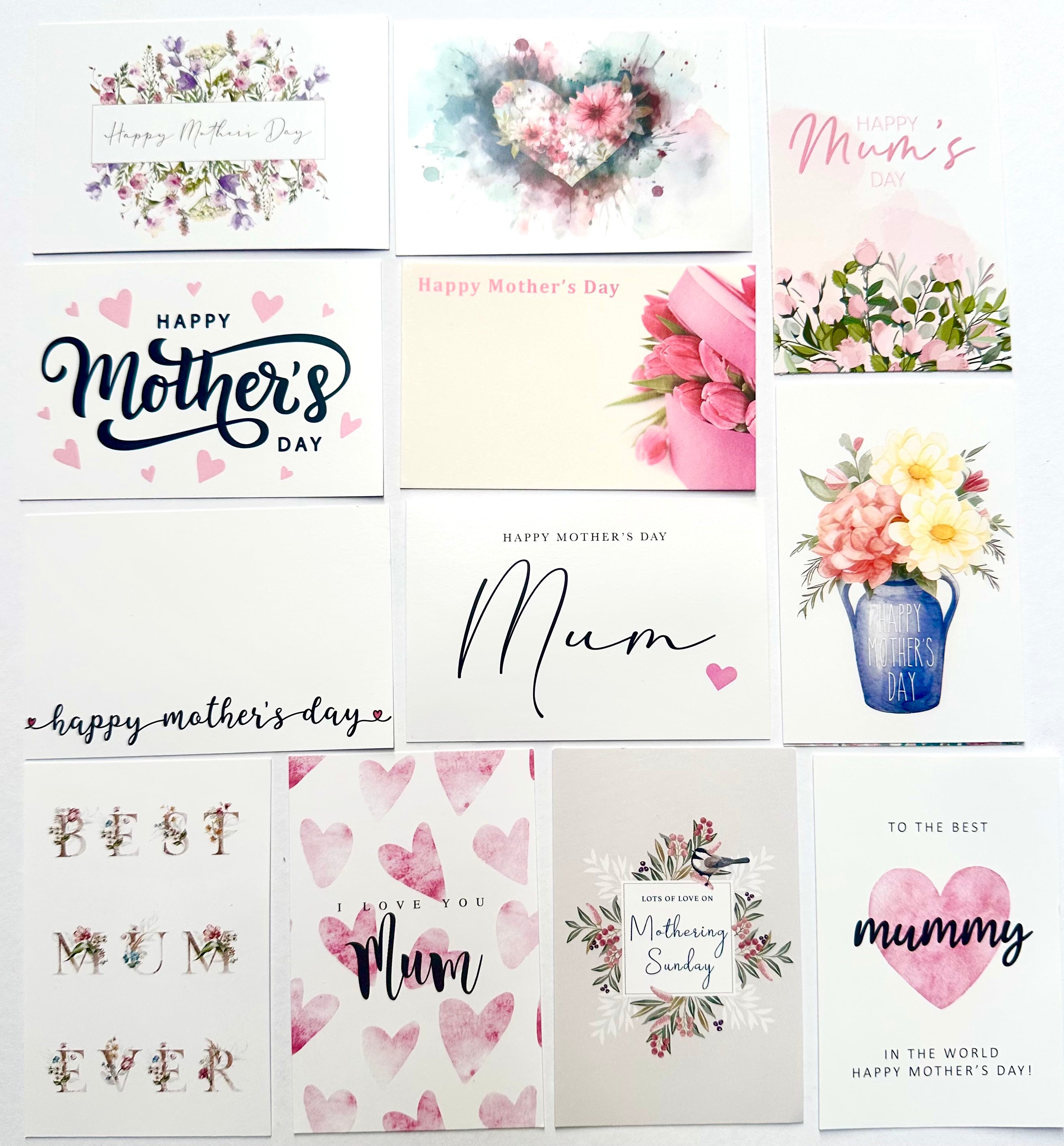 ShredAstic®️ MOTHERS DAY (Pack of 12 assorted) Florist flower Message Cards Mothering Sunday Mum small 6 x 9cm