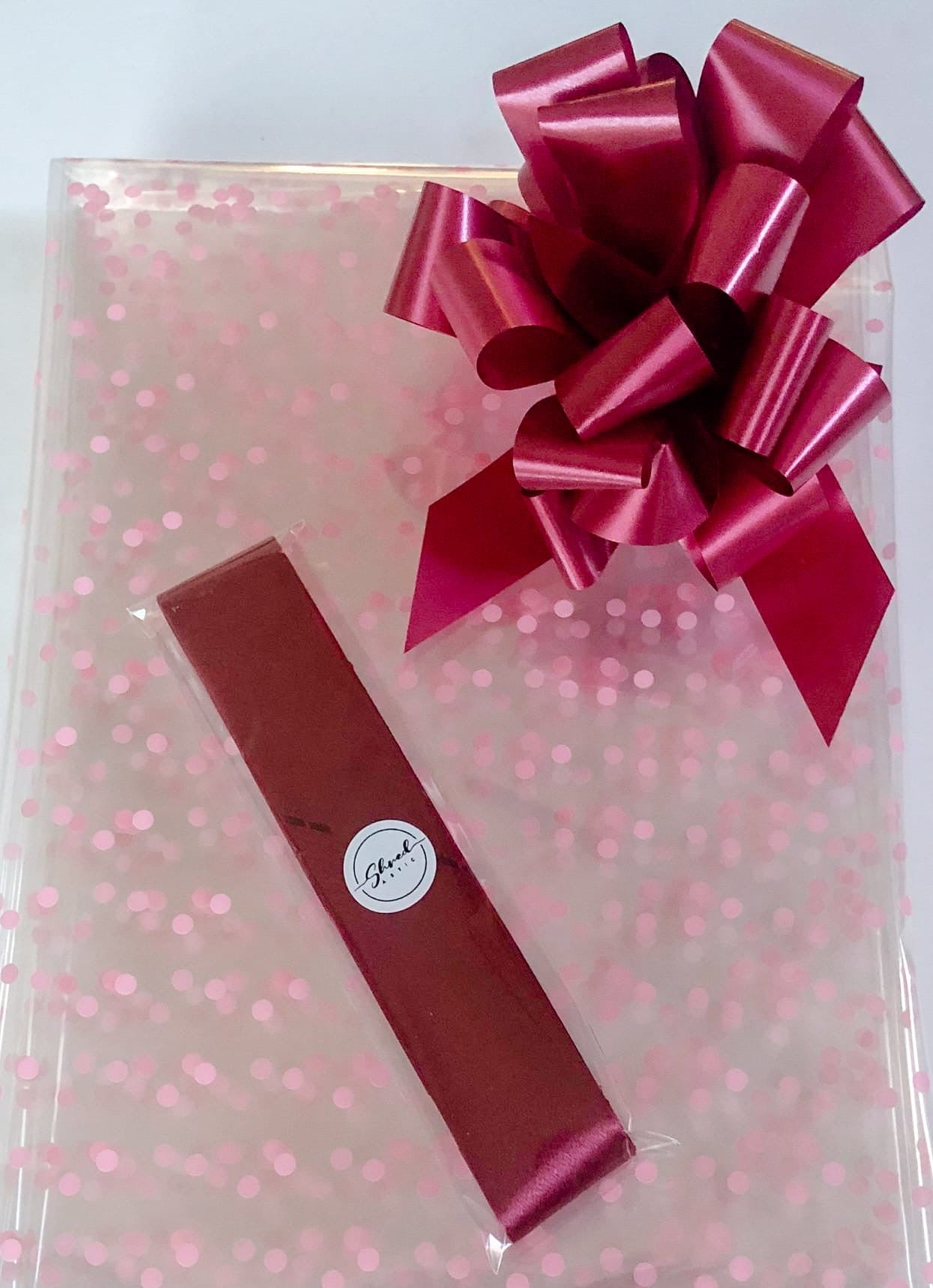 Pink Dot Cellophane & Burgundy Pull Bow