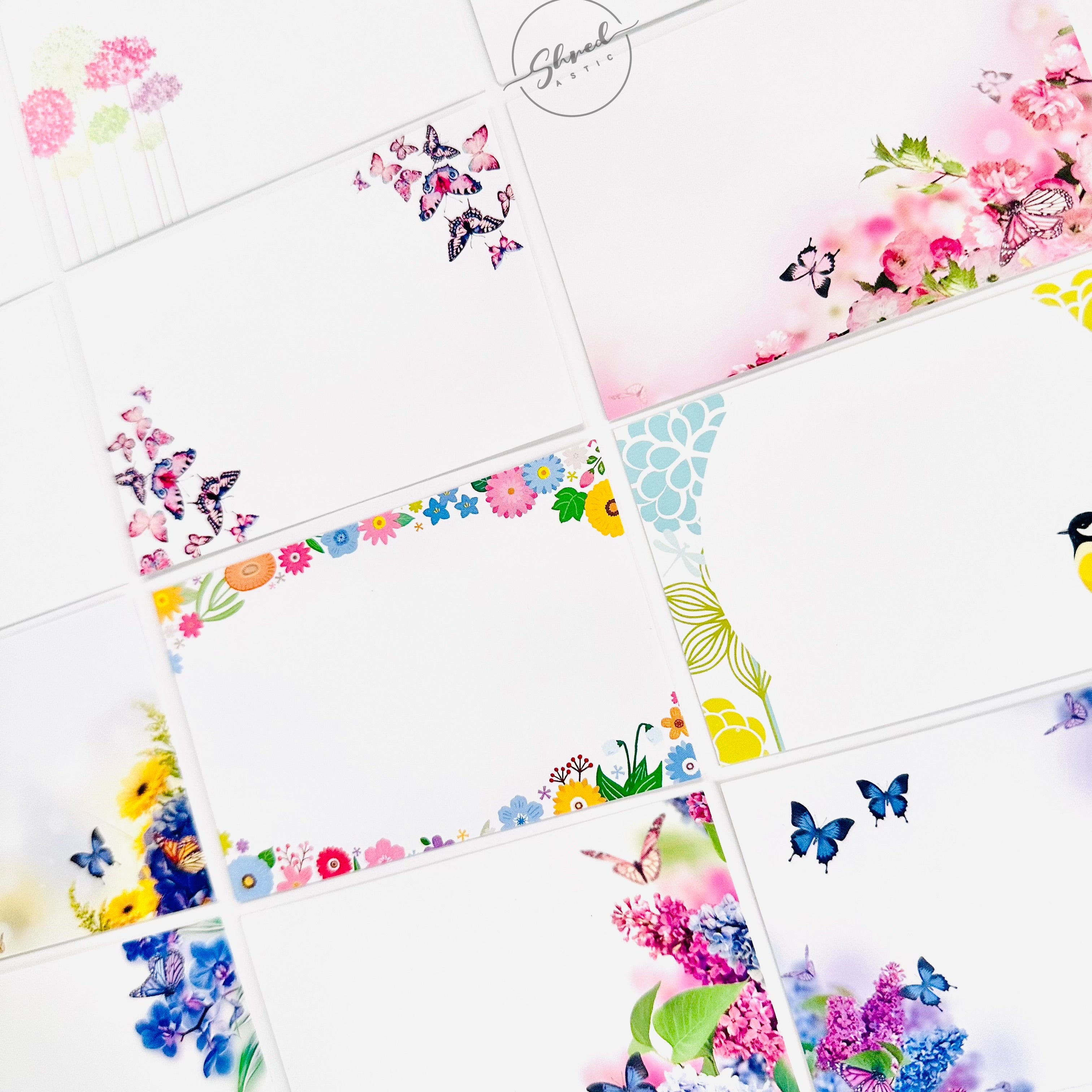 ShredAstic®️ 12 Butterfly Botanical Assorted Blank Florist Message Cards 6x9cm