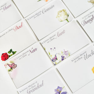 12 Assorted pack Funeral Floristry Cards small 6 x 9cm with clear cello envelopes