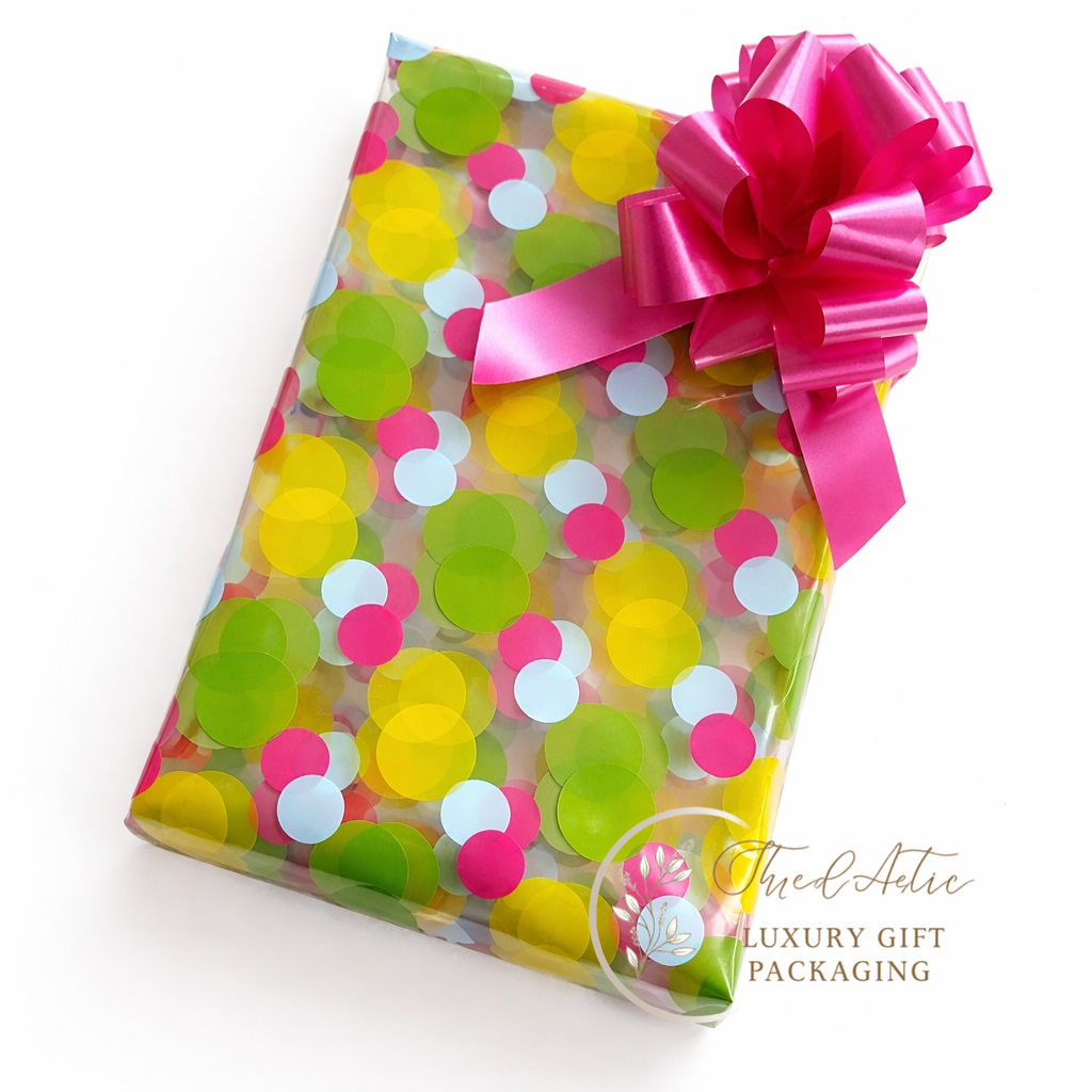 Coloured Dot Cellophane & Cerise Pink Pull Bow