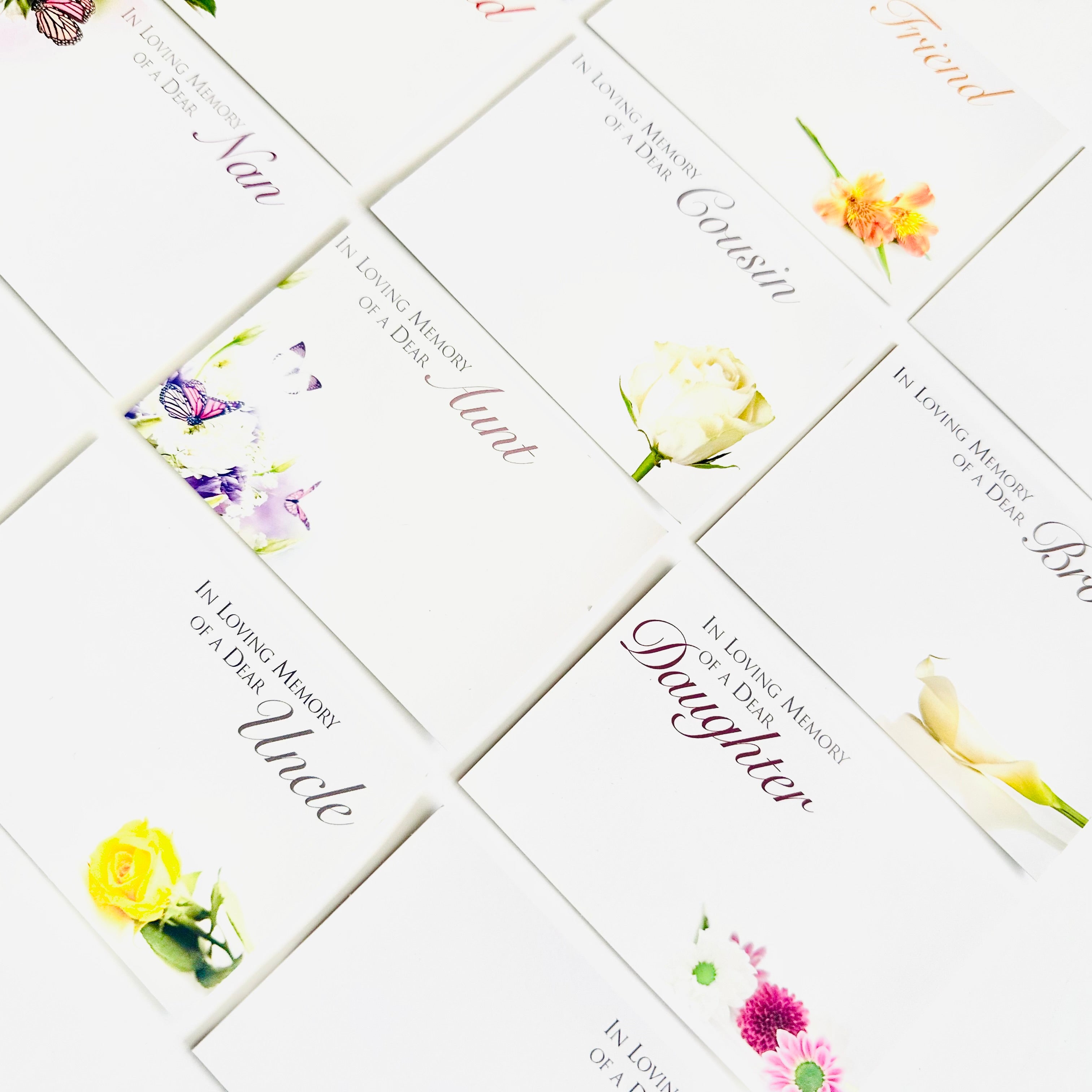 12 Assorted pack Funeral Floristry Cards small 6 x 9cm with clear cello envelopes