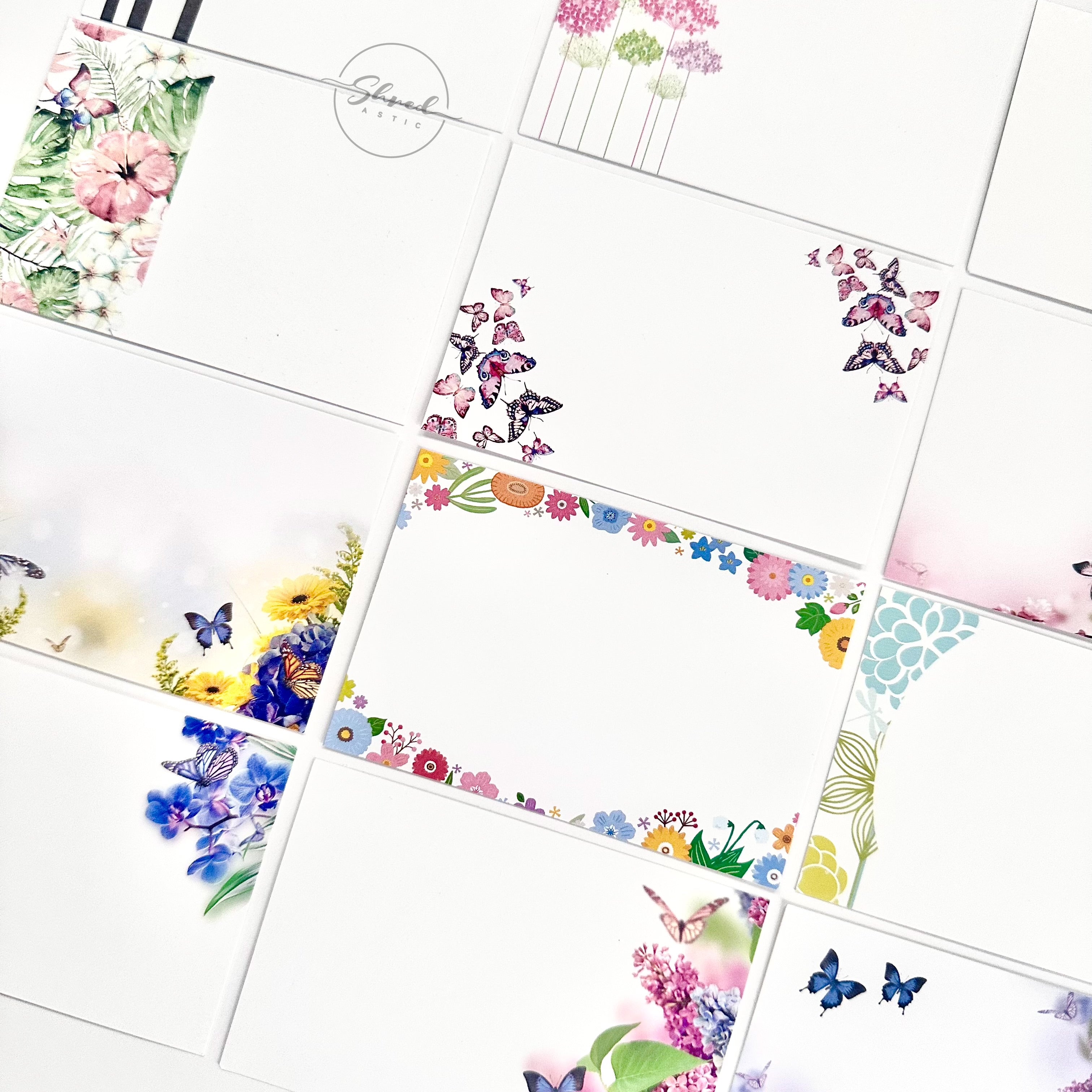 ShredAstic®️ 12 Butterfly Botanical Assorted Blank Florist Message Cards 6x9cm