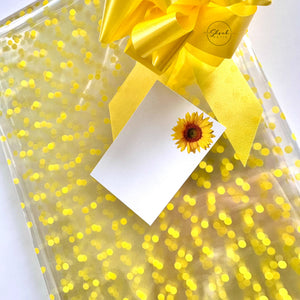 Yellow dot design on clear Cellophane Wrap Hampers / pull bow / daisy card