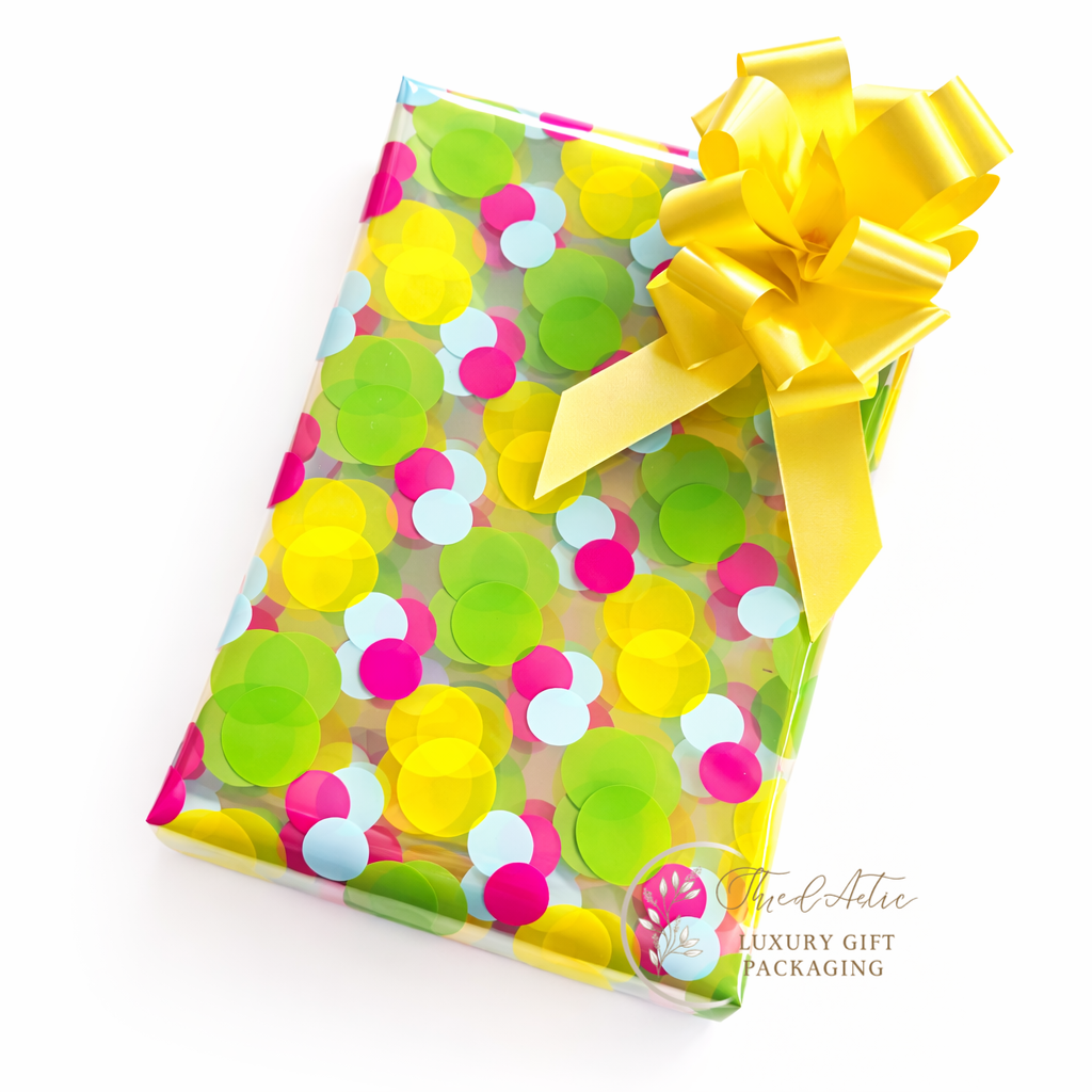 Coloured Dot Cellophane & Yellow Pull Bow
