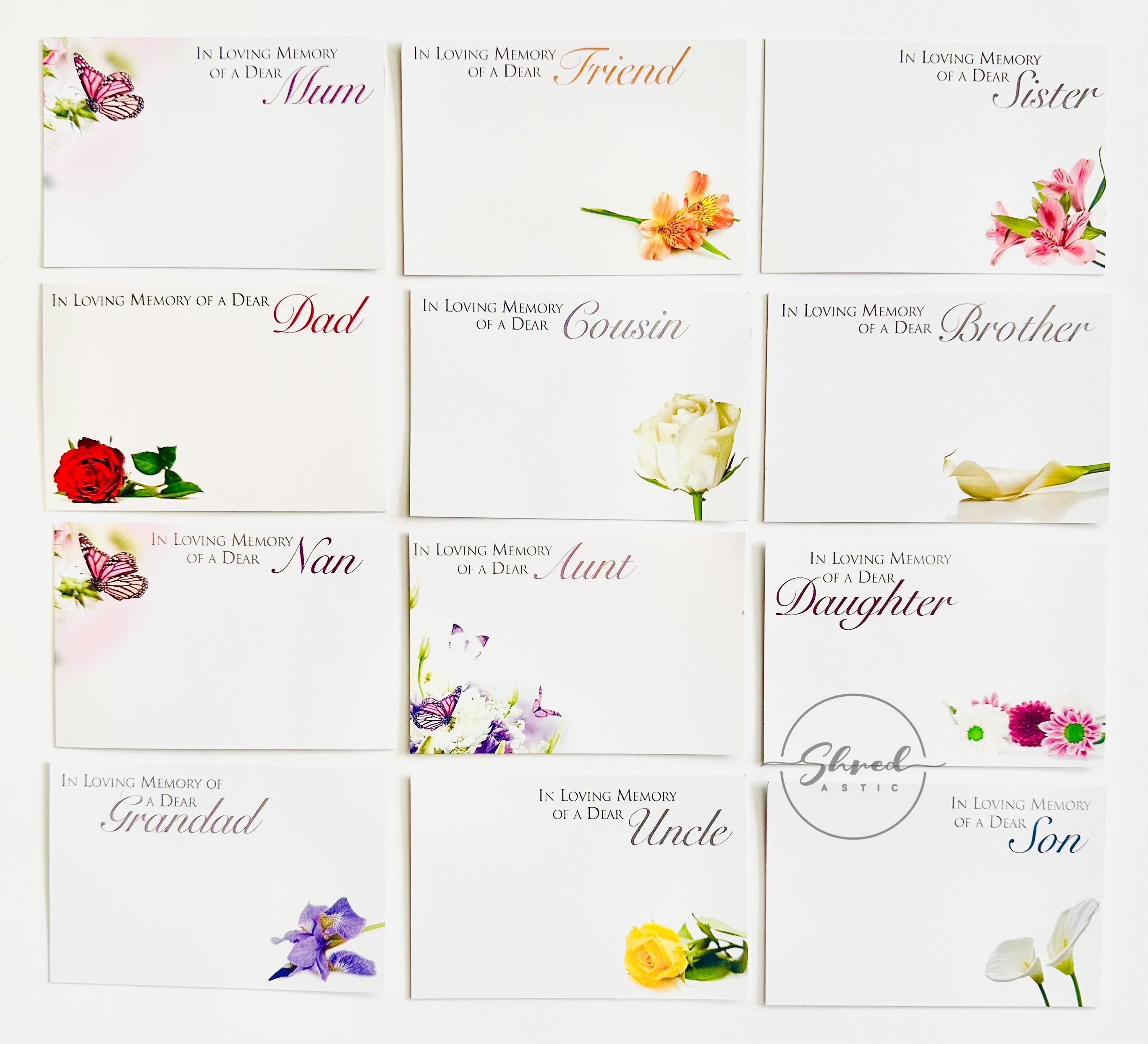 12 Assorted pack Funeral Floristry Cards small 6 x 9cm with clear cello envelopes