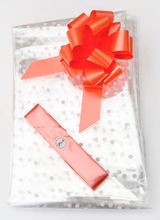 White Dot Cellophane & Orange Pull Bow