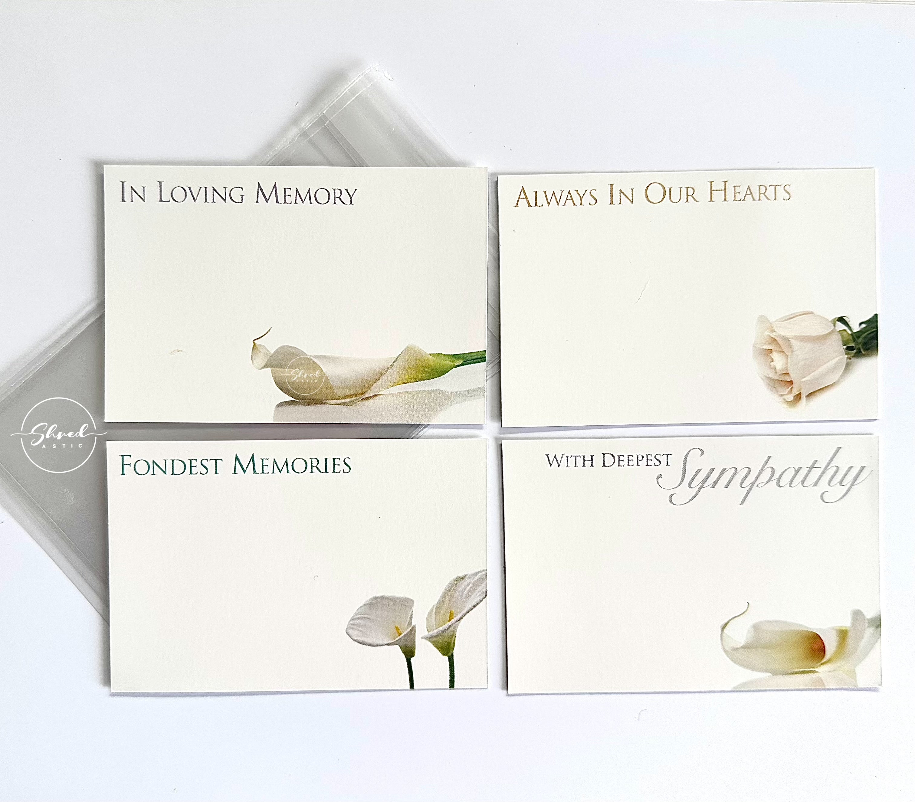 4 pack Funeral Floristry Cards small 6 x 9cm with clear cello envelopes