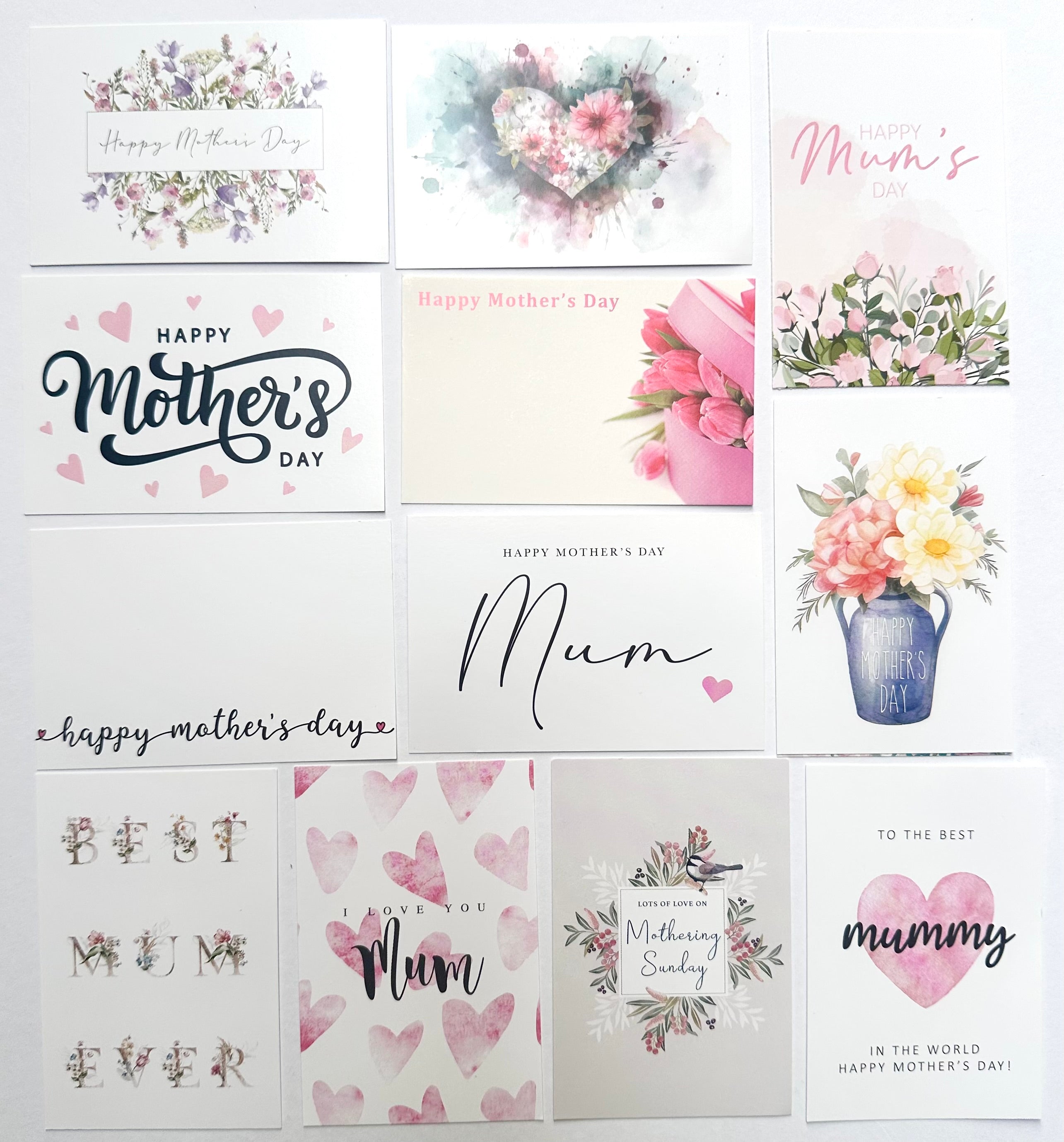 ShredAstic®️ MOTHERS DAY (Pack of 12 assorted) Florist flower Message Cards Mothering Sunday Mum small 6 x 9cm