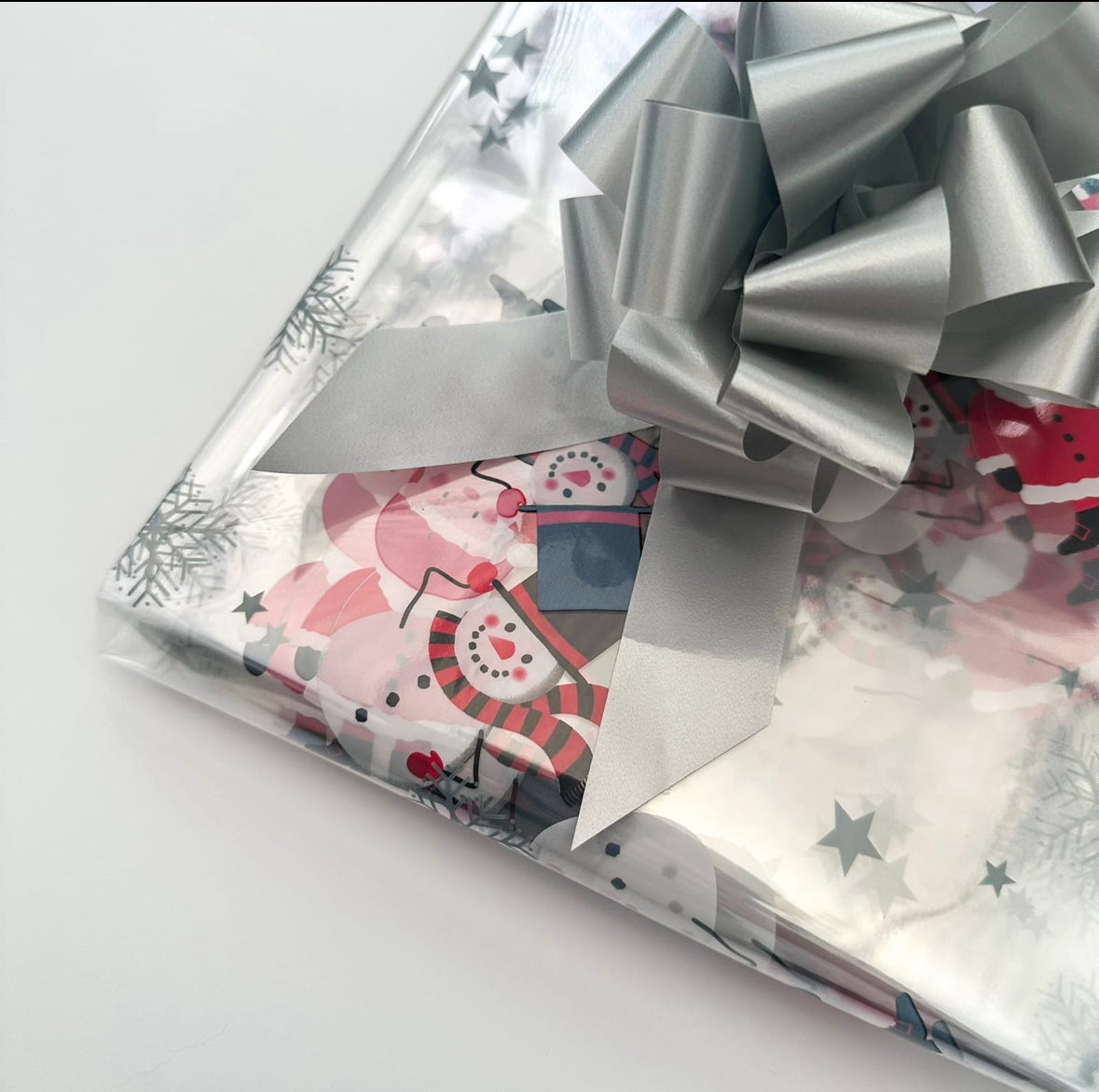 Santa Snowman Snowflake Cellophane & Silver Pull Bow