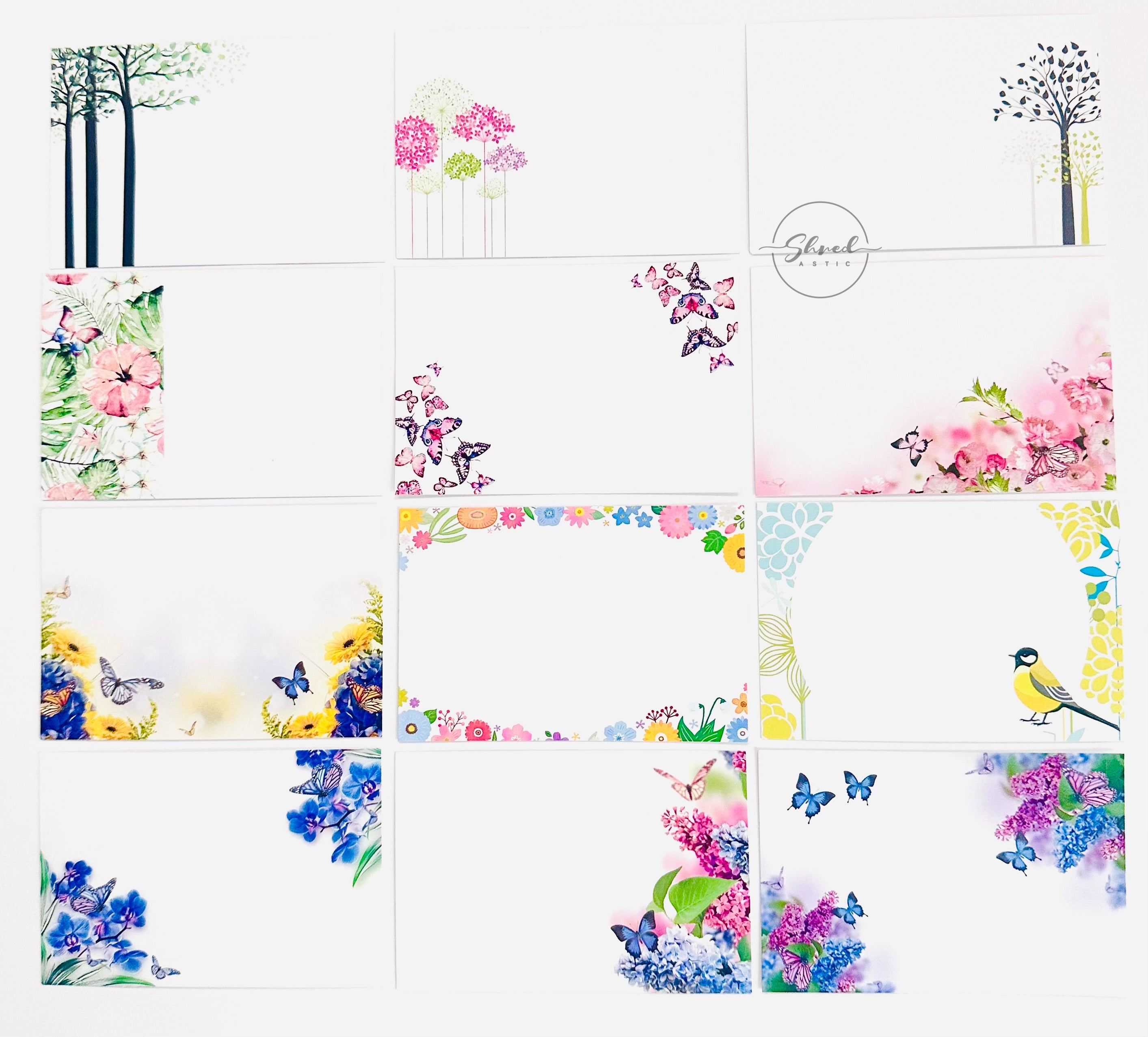 ShredAstic®️ 12 Butterfly Botanical Assorted Blank Florist Message Cards 6x9cm