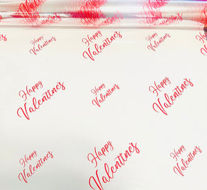 Happy Valentines red script Cellophane Wrap Hampers / 3 metres red curling ribbon