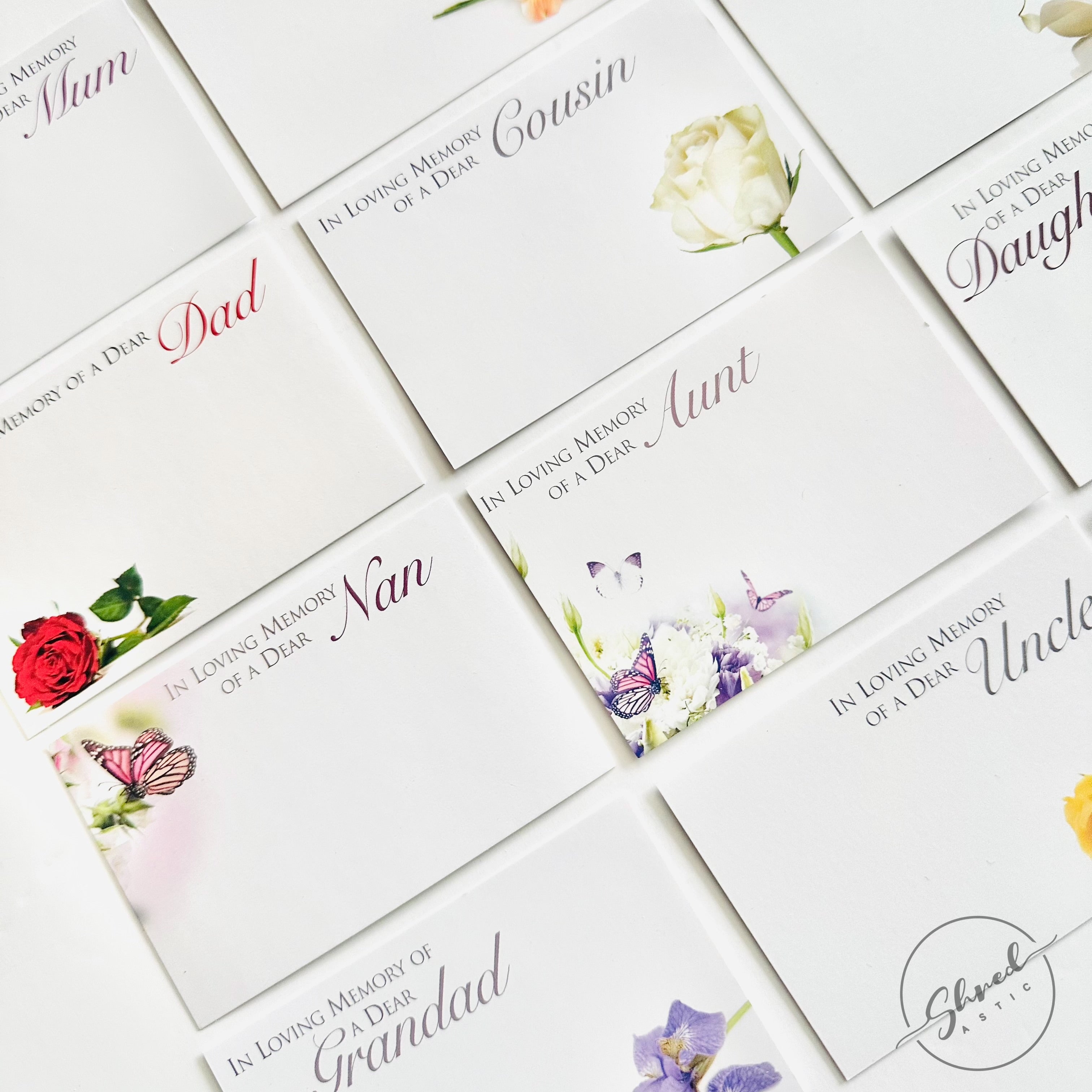 12 Assorted pack Funeral Floristry Cards small 6 x 9cm with clear cello envelopes