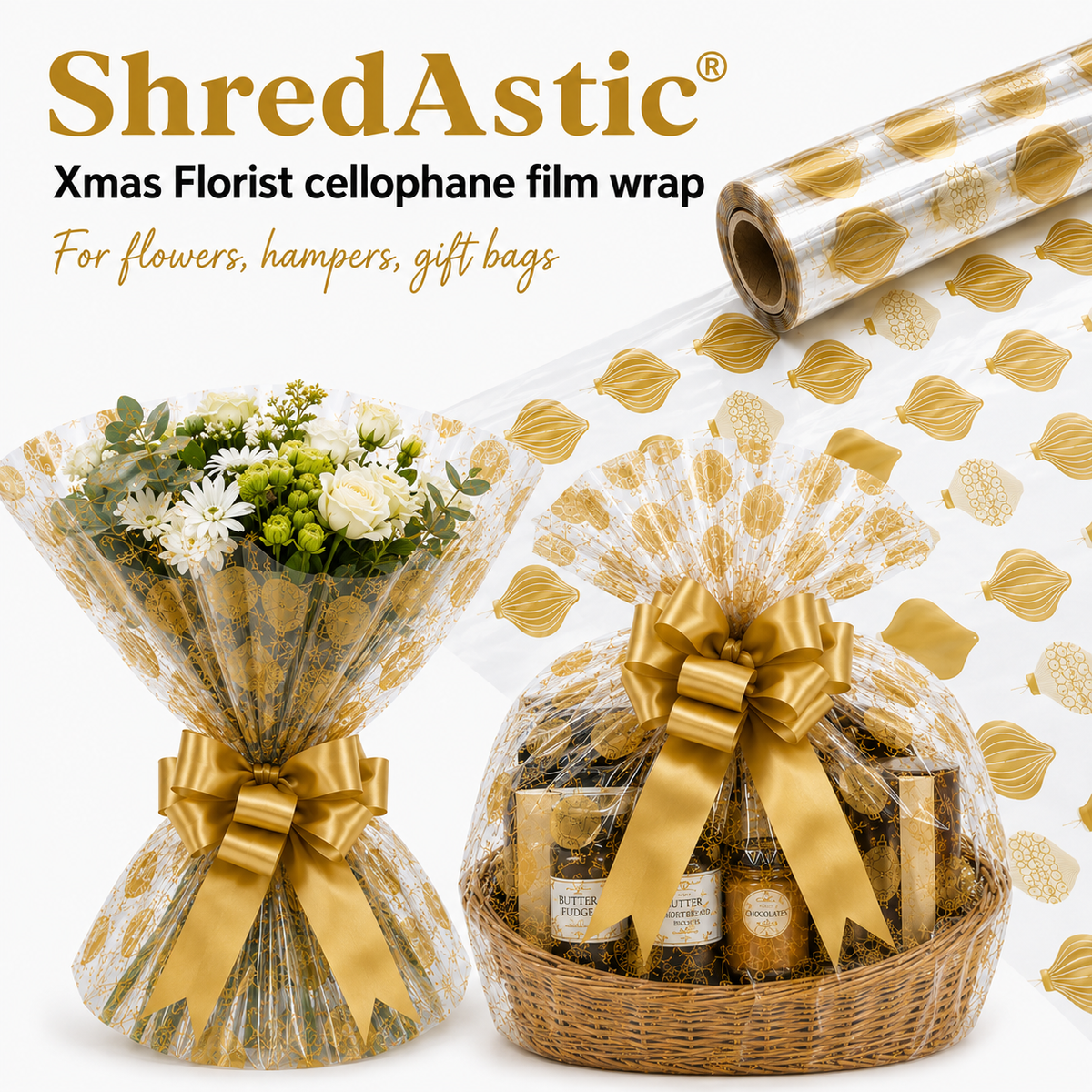 CHRISTMAS Bauble Gold Florist Cellophane Film Wrap Hampers Gift Packaging