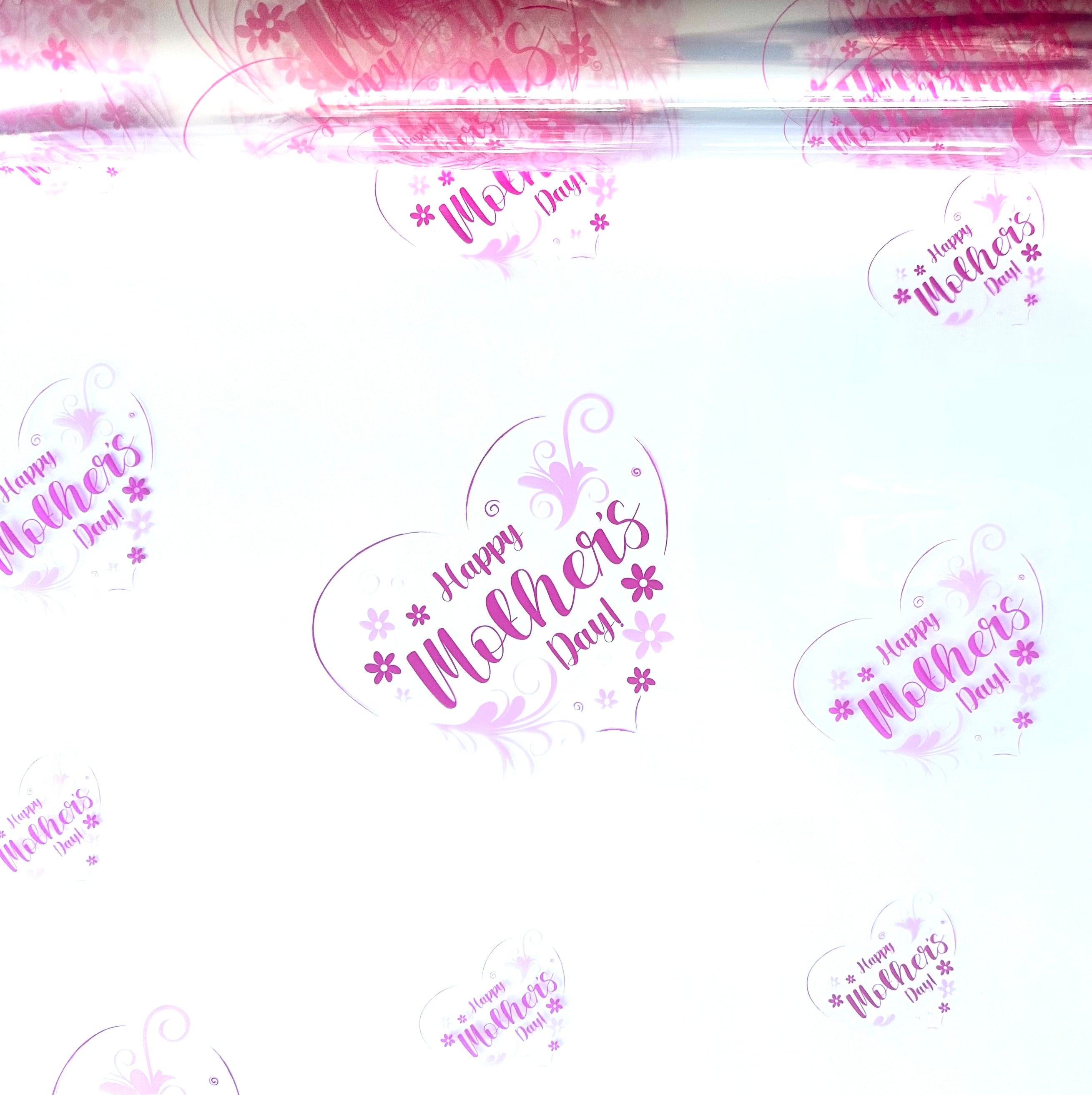 Happy Mothers Day cerise pink  on clear Cellophane Wrap Hampers / 3 metres curling ribbon