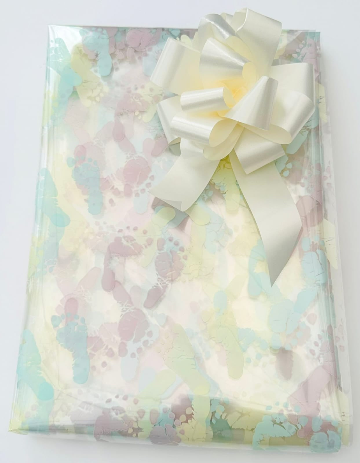 ShredAstic®️ Baby Print Footprints- Florist Cellophane & cream Pull Bow