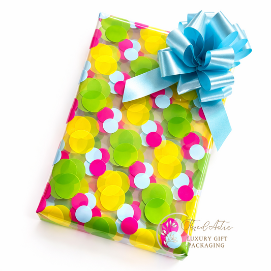 Coloured Dot Cellophane & Blue Pull Bow
