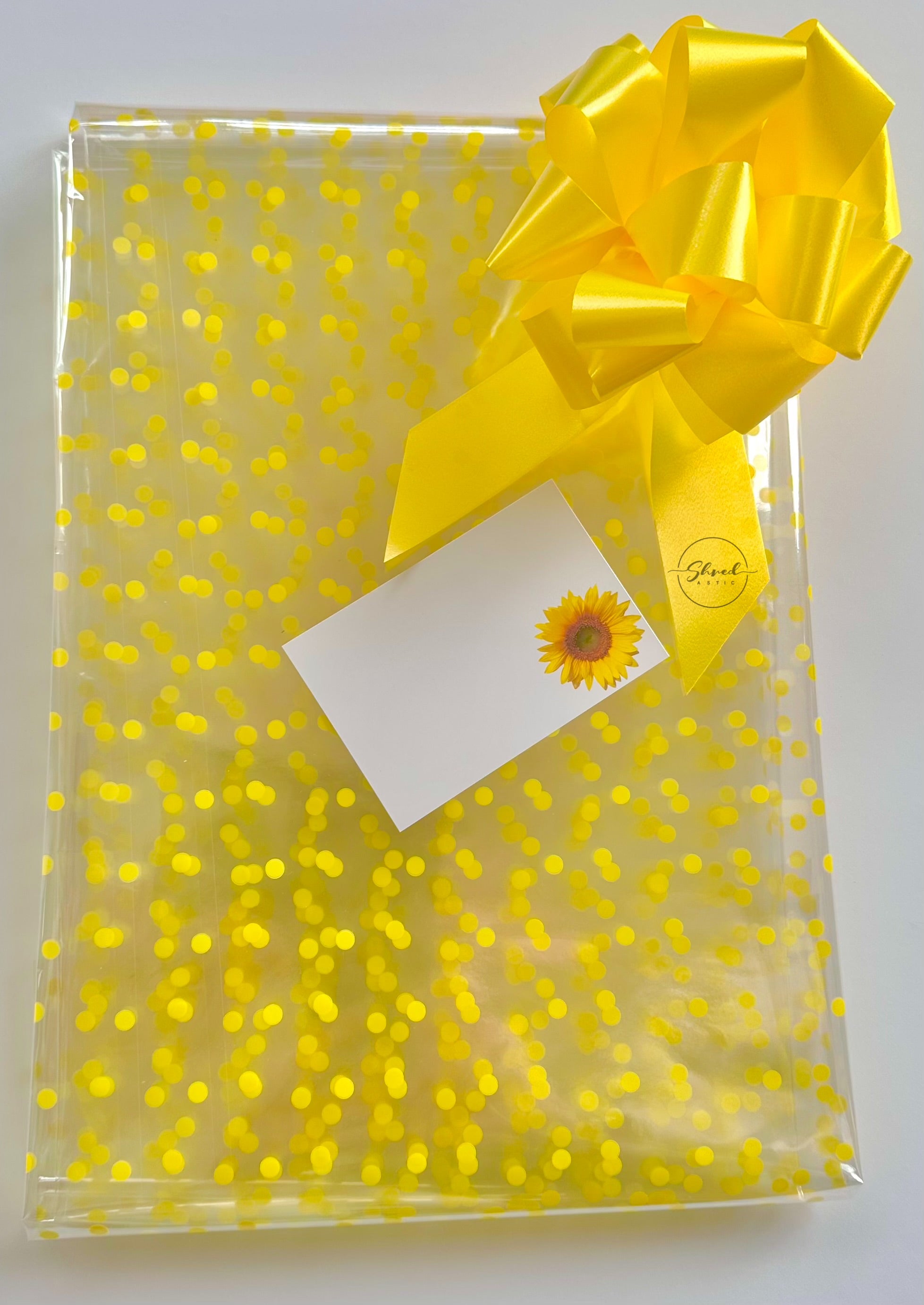 Yellow dot design on clear Cellophane Wrap Hampers / pull bow / daisy card