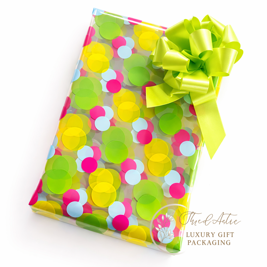 Coloured Dot Cellophane & Lime Green Pull Bow