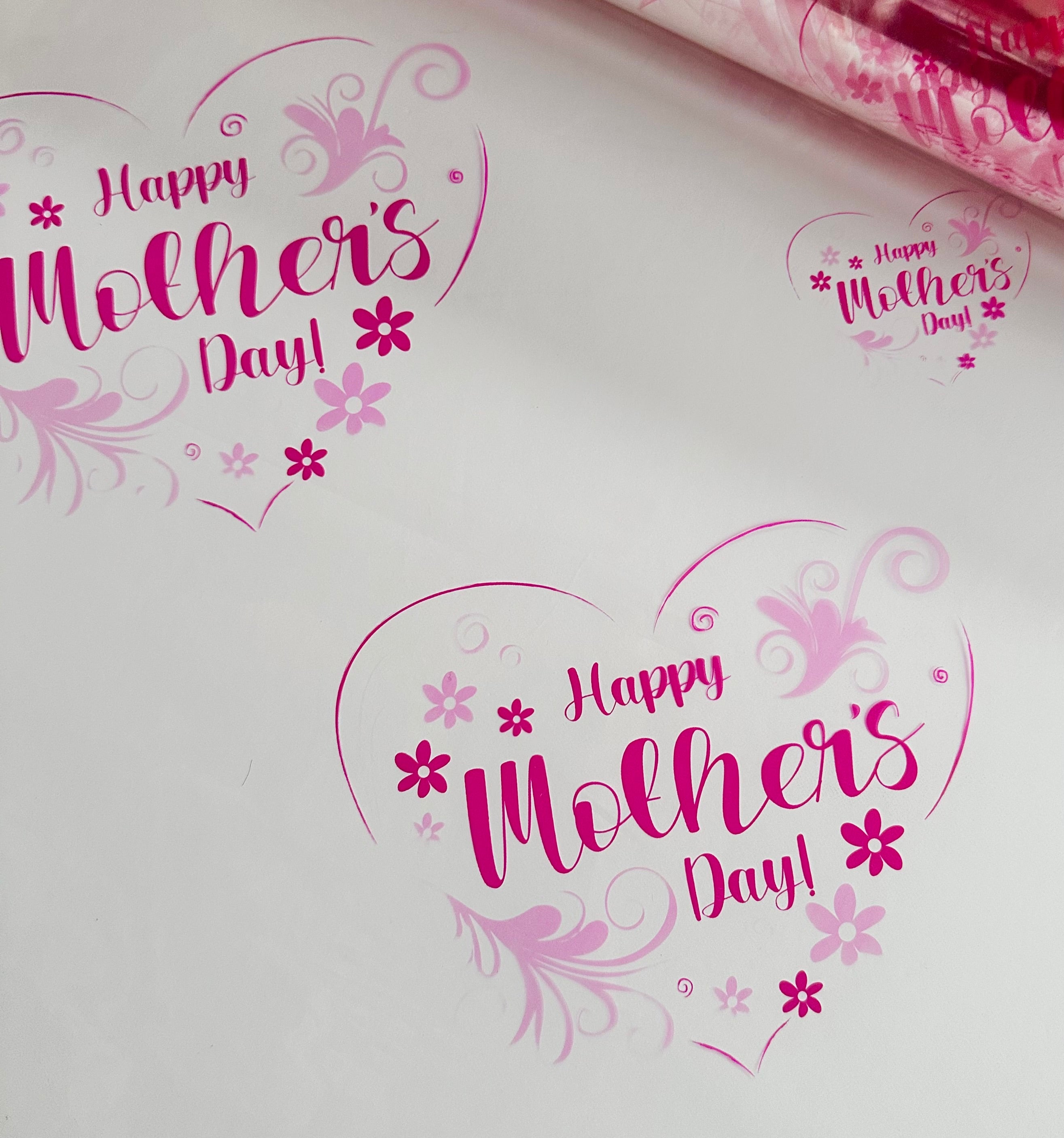 Happy Mothers Day cerise pink  on clear Cellophane Wrap Hampers / 3 metres curling ribbon