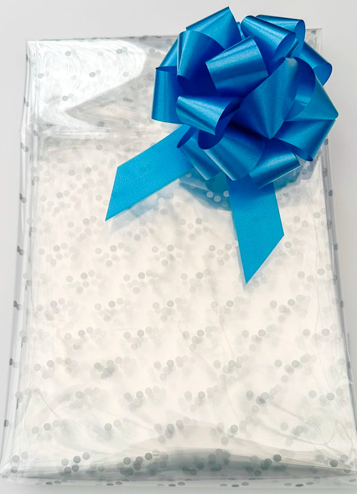 Silver Dot Cellophane & Royal Blue Pull Bow