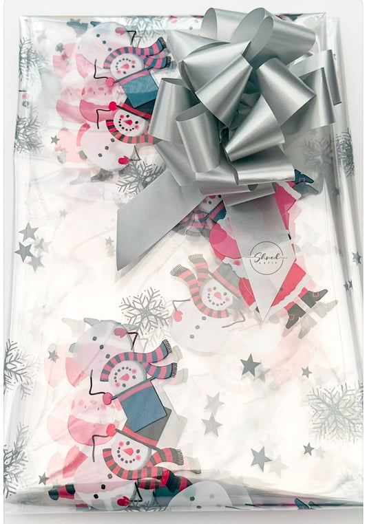 Santa Snowman Snowflake Cellophane & Silver Pull Bow