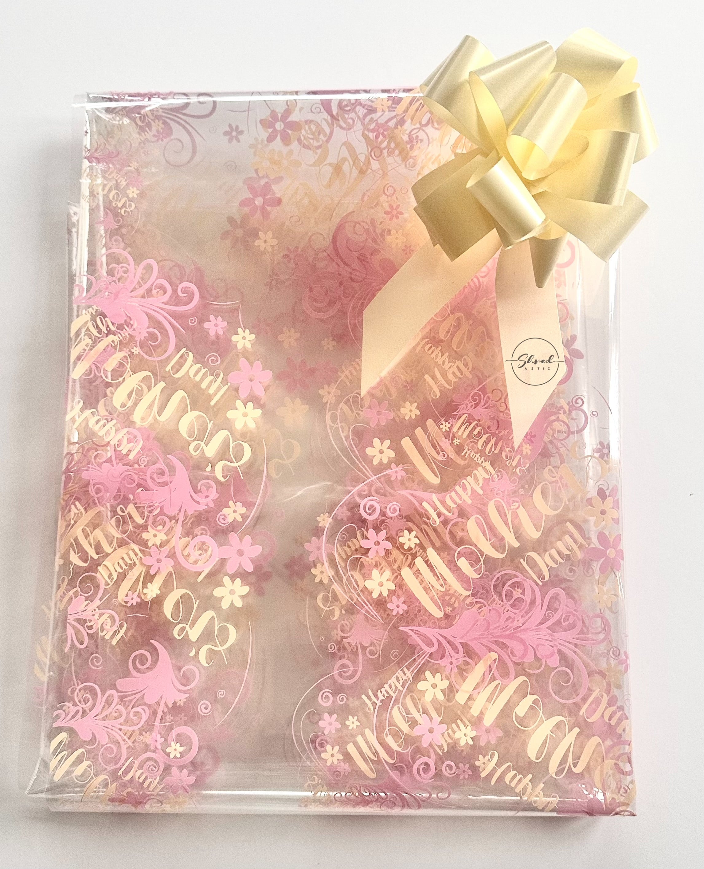 Mothers Day pink cream design on clear Cellophane Wrap Hampers / cream pull bow