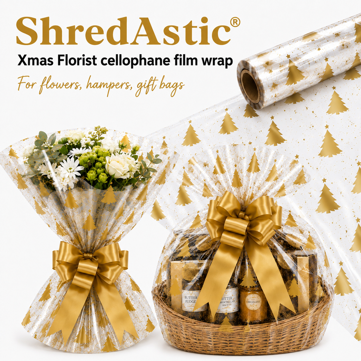 CHRISTMAS Tree Gold Florist Cellophane Film Wrap Hampers Gift Packaging