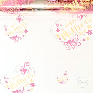 Mothers Day pink cream design on clear Cellophane Wrap Hampers / pink pull bow