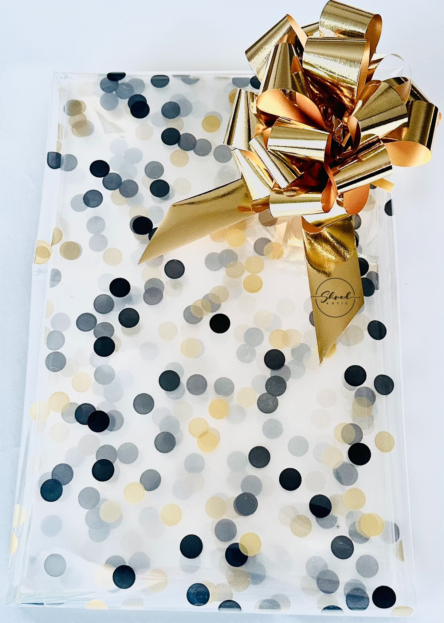 Gold Black Dot Cellophane & Gold Metallic Pull Bow