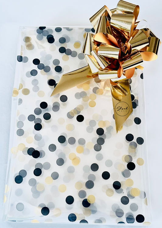 Black & Gold Dot Cellophane & Gold Metallic Pull Bow