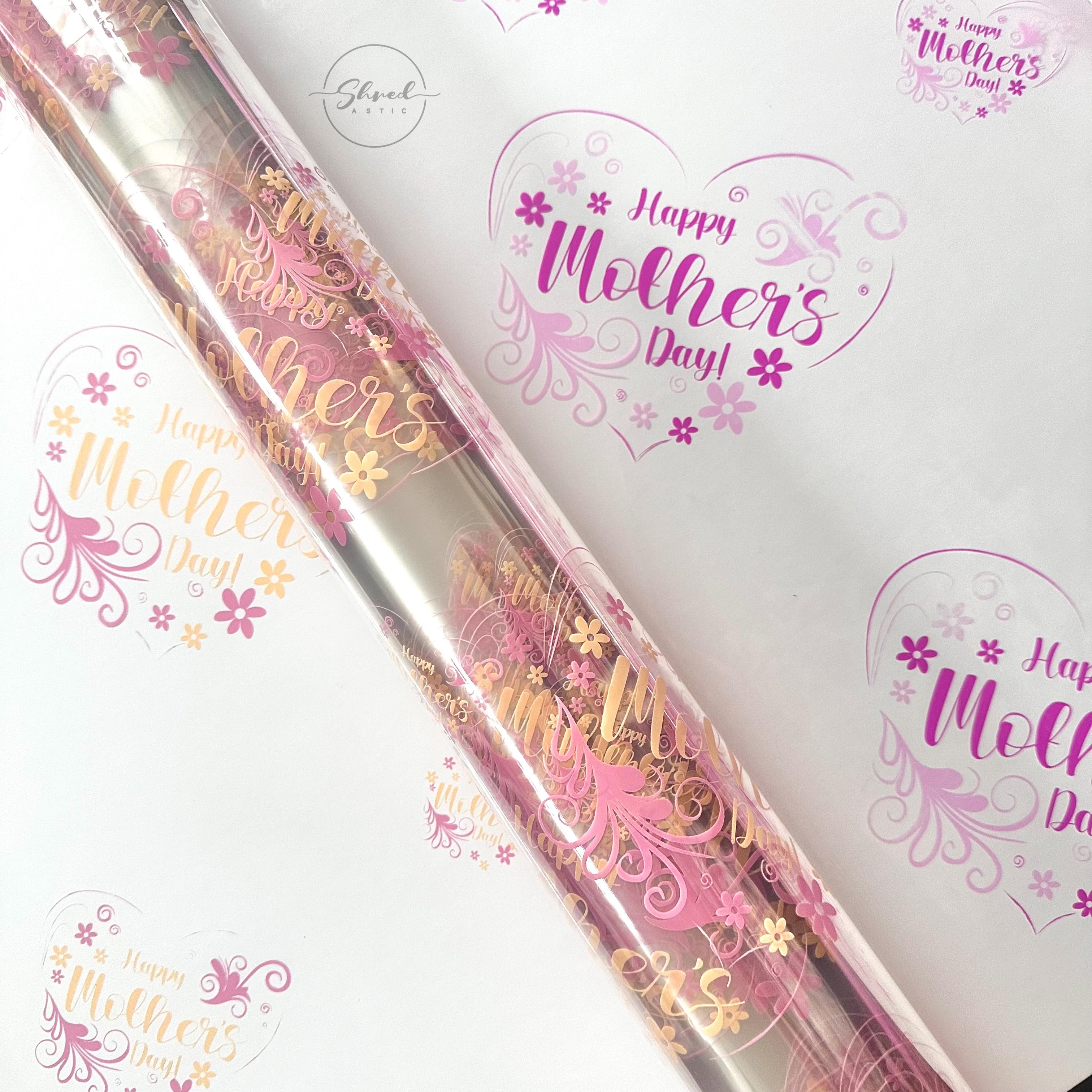 Mothers Day pink cream design on clear Cellophane Wrap Hampers / pink pull bow