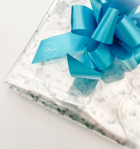 Silver Dot Florist Cellophane film wrap with teal pull bow