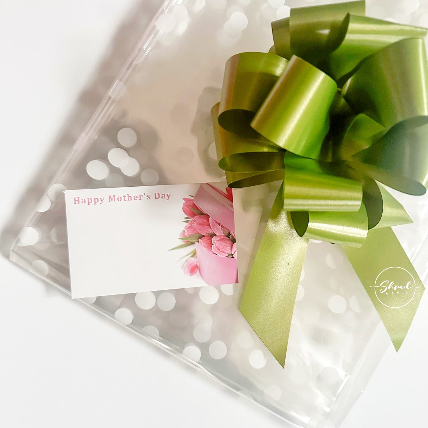 White Dot Cellophane With Card & Moss Green Pull Bow