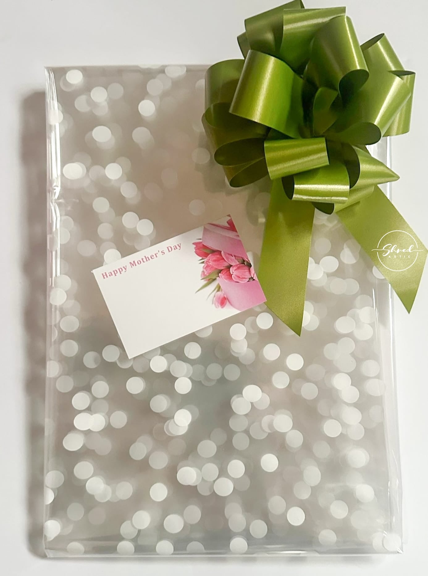 White Dot Cellophane With Card & Moss Green Pull Bow