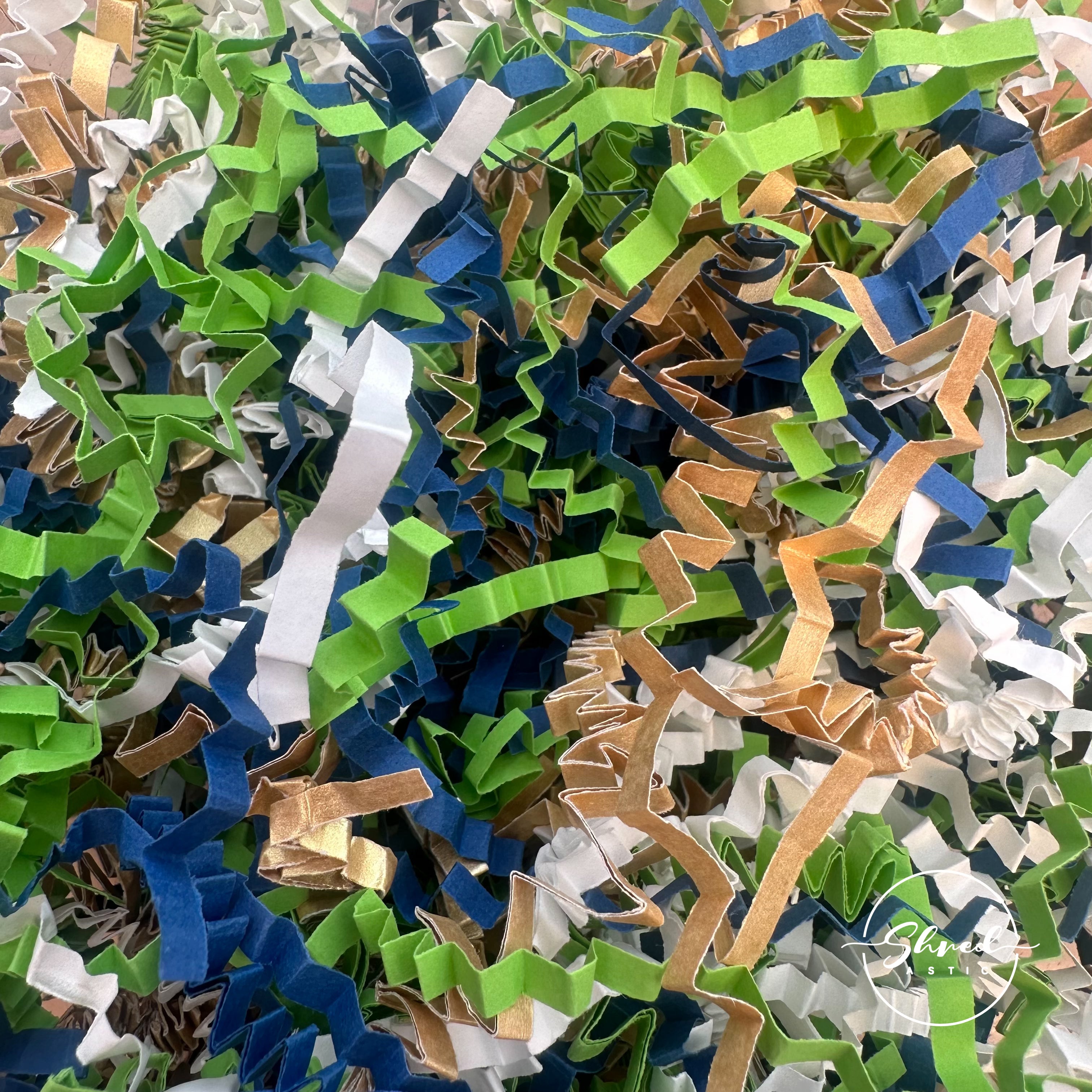 ShredAstic®️ Blue Green Gold White ZigZag Crinkle Paper Mix